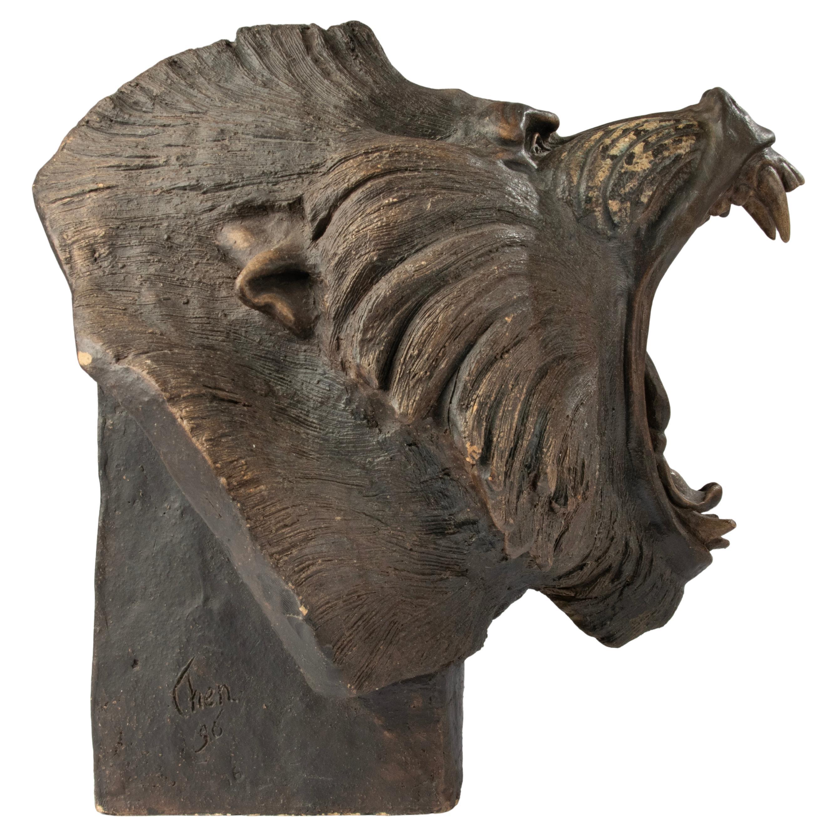 Modern Terracotta Sculpture of a Roaring Baboon – Chen M. For Sale