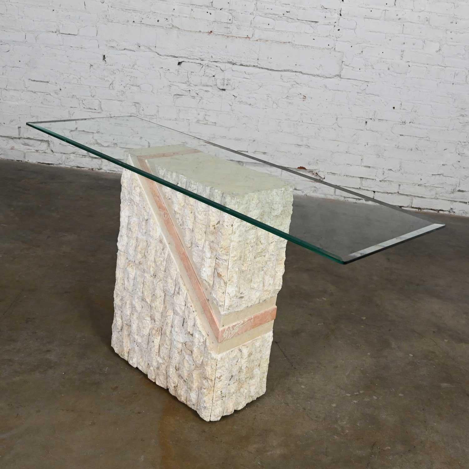 Table de canapé moderne en pierre de Mactan tessellée à rayures pêches style Maitland Smith en vente 8
