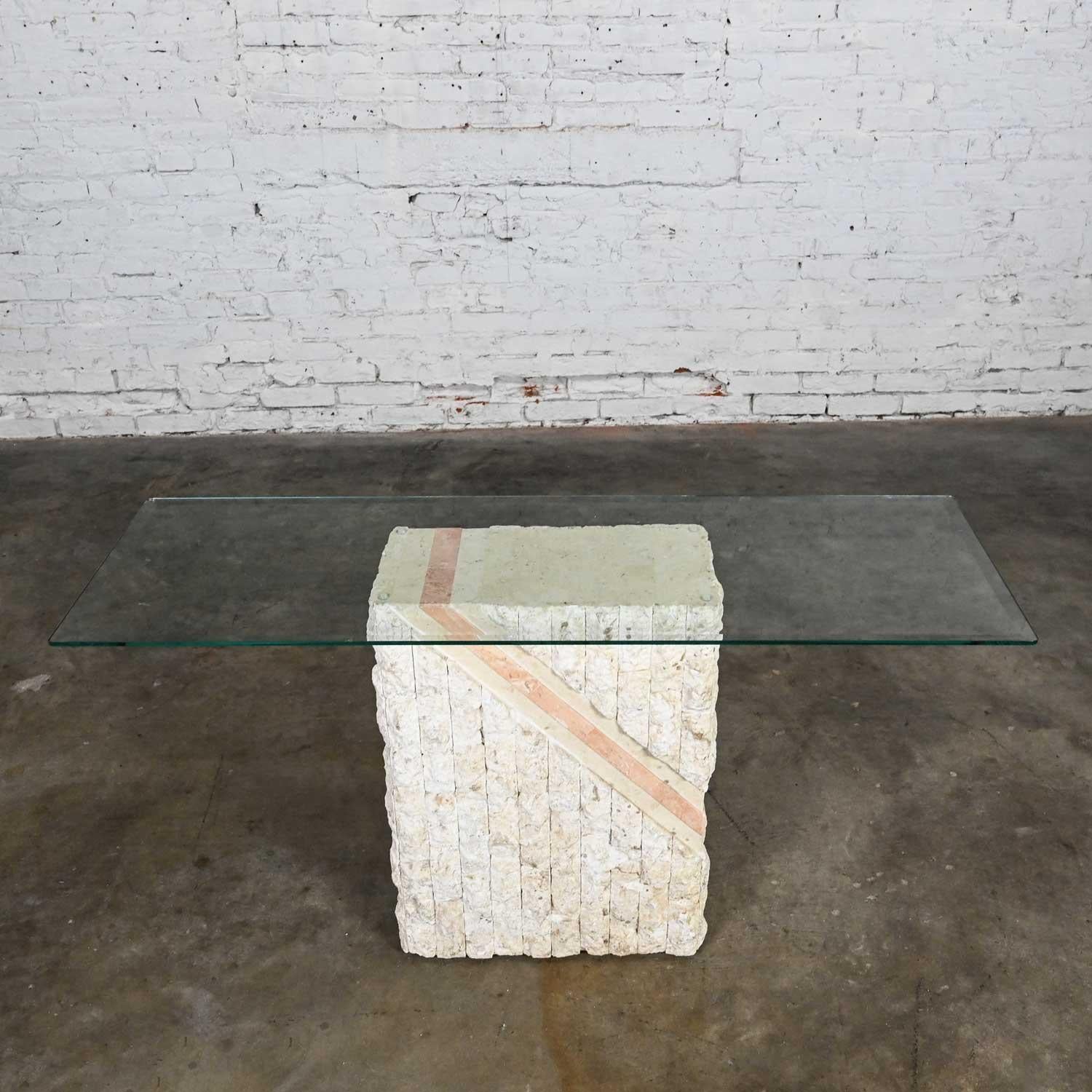 Table de canapé moderne en pierre de Mactan tessellée à rayures pêches style Maitland Smith en vente 9