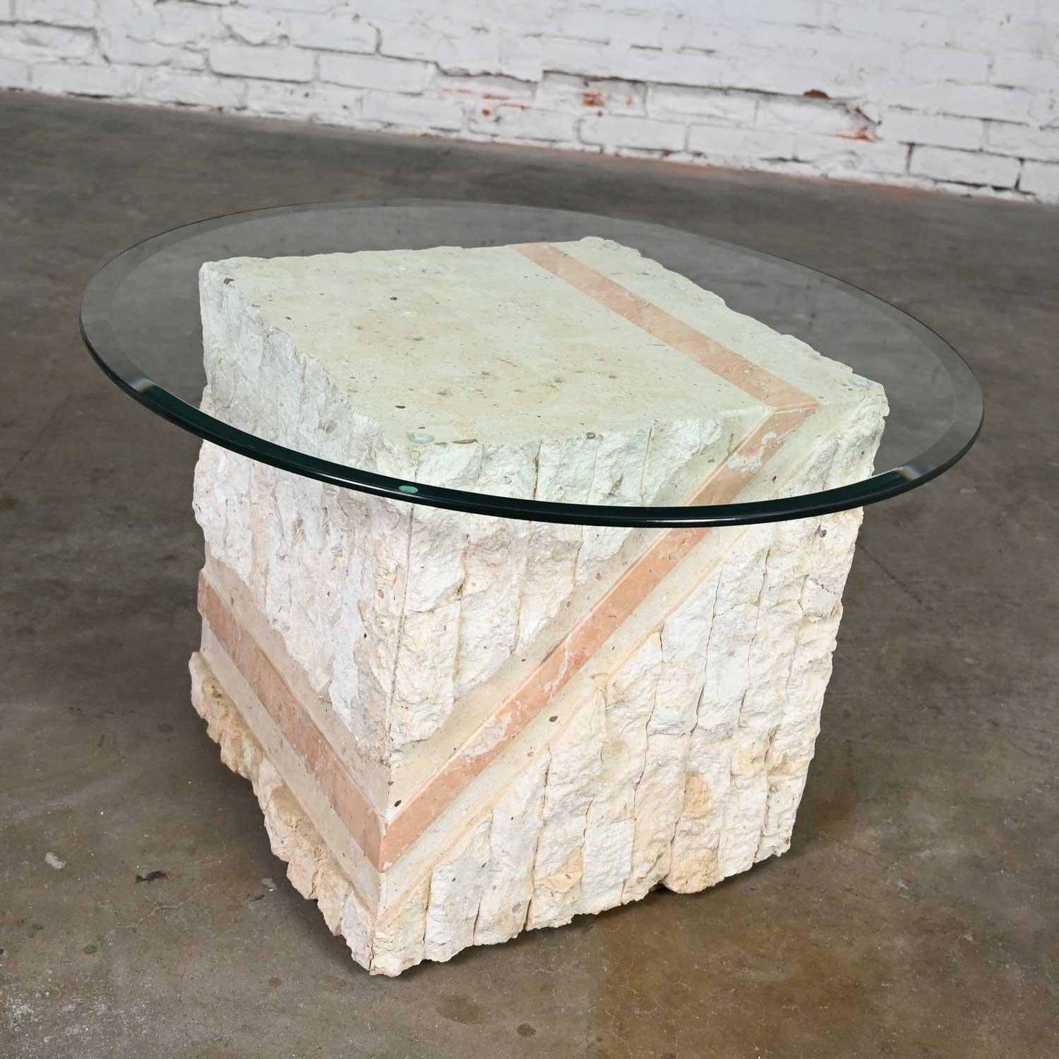 Modern Tessellated Mactan Stone Sqr End Table Peach Stripe Style Maitland Smith For Sale 4