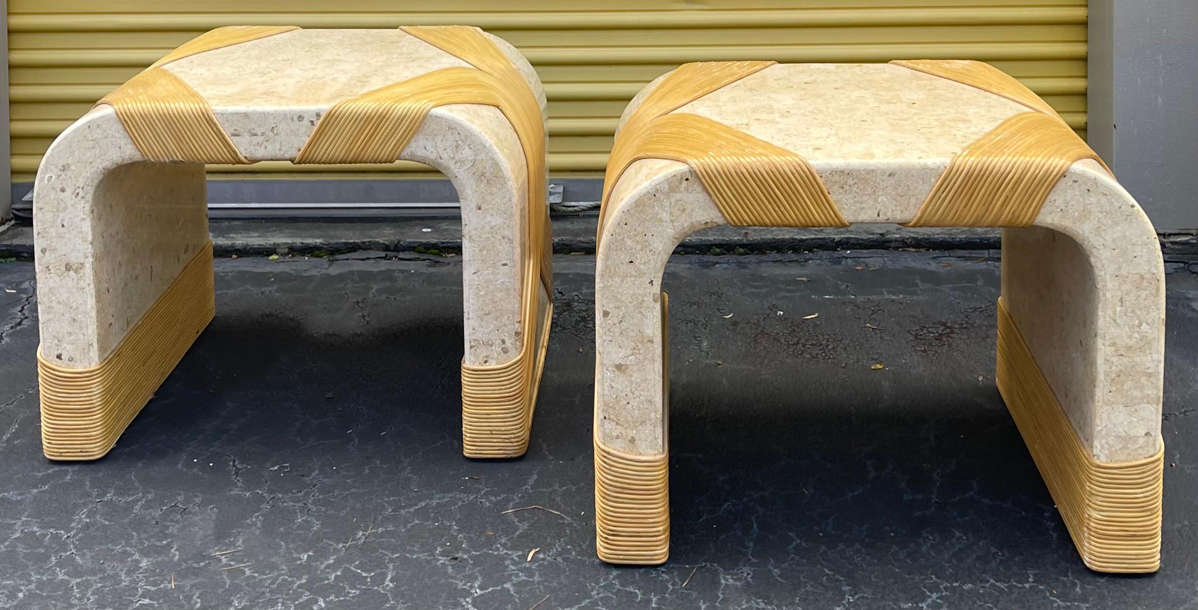 These are awesome! This is a pair of modern tessellated waterfall style tables wrapped in pencil or reeded bamboo. They date to the 1970s or 80s and are believed to be Italian.They are in very good condition.

California / west coast is taking a