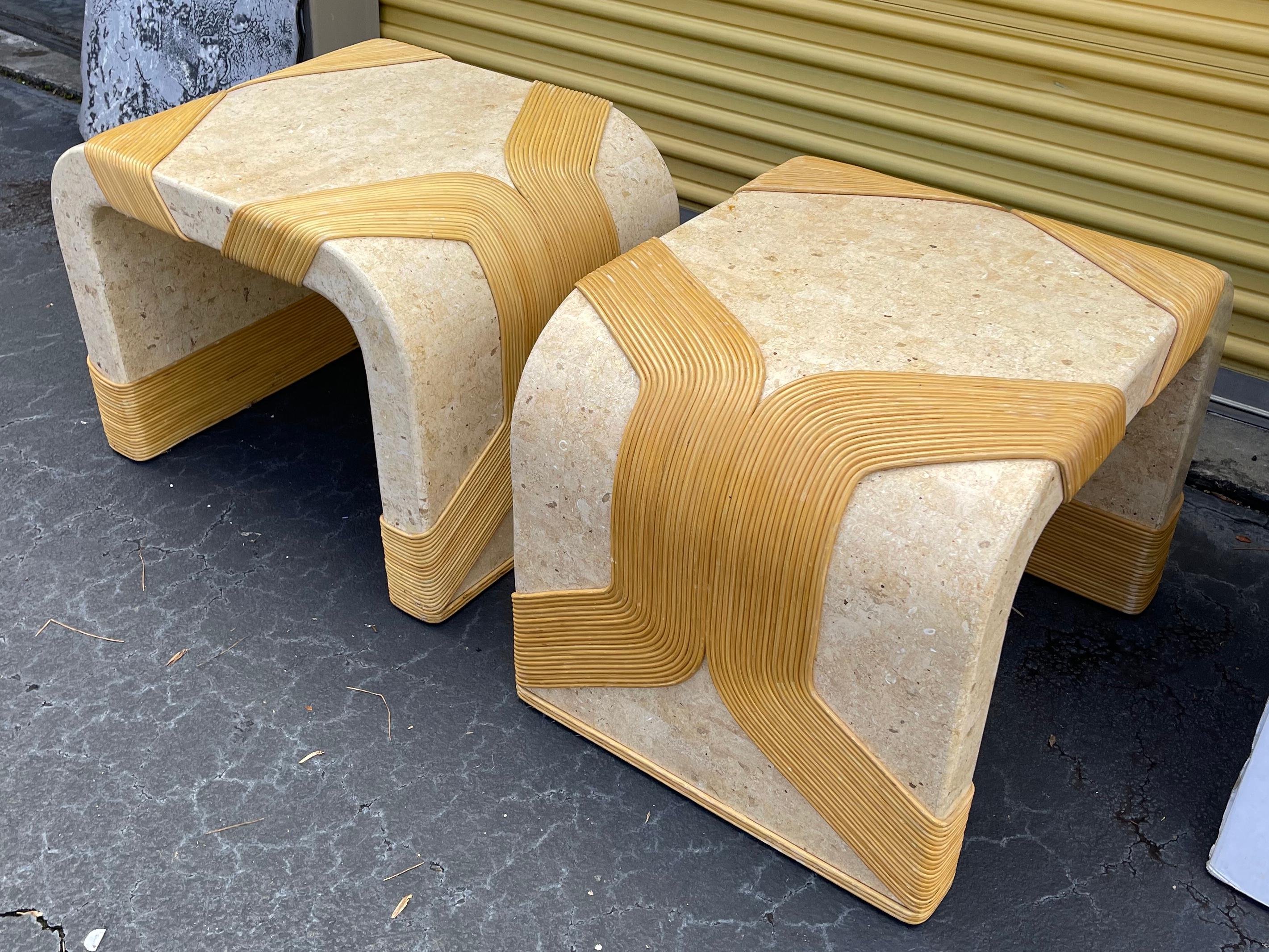 Italian Modern Tessellated Marble & Pencil Bamboo Waterfall Style Side Tables, Pair For Sale