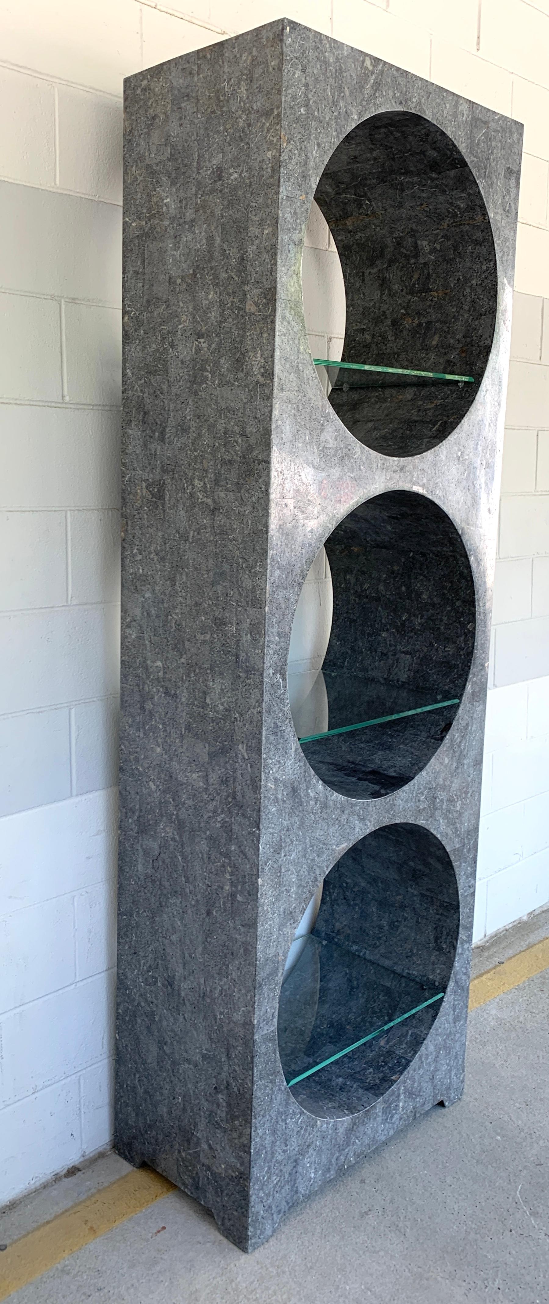 Beveled Modern Tessellated Stone Monolithic Bookcase / Vitrine For Sale