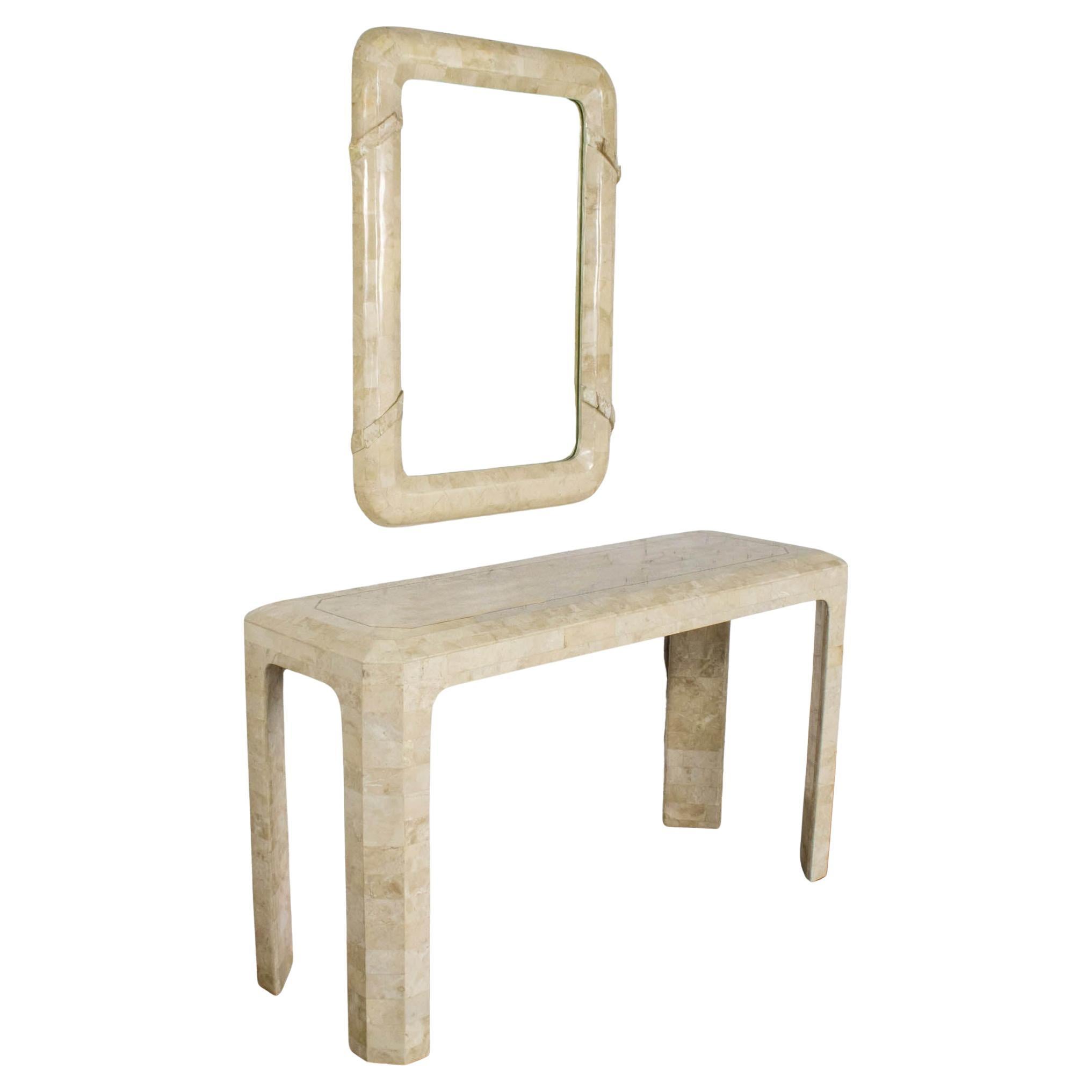 Modern Tessellated Travertine Console or Sofa Table 
Wall Mirror Set For Sale