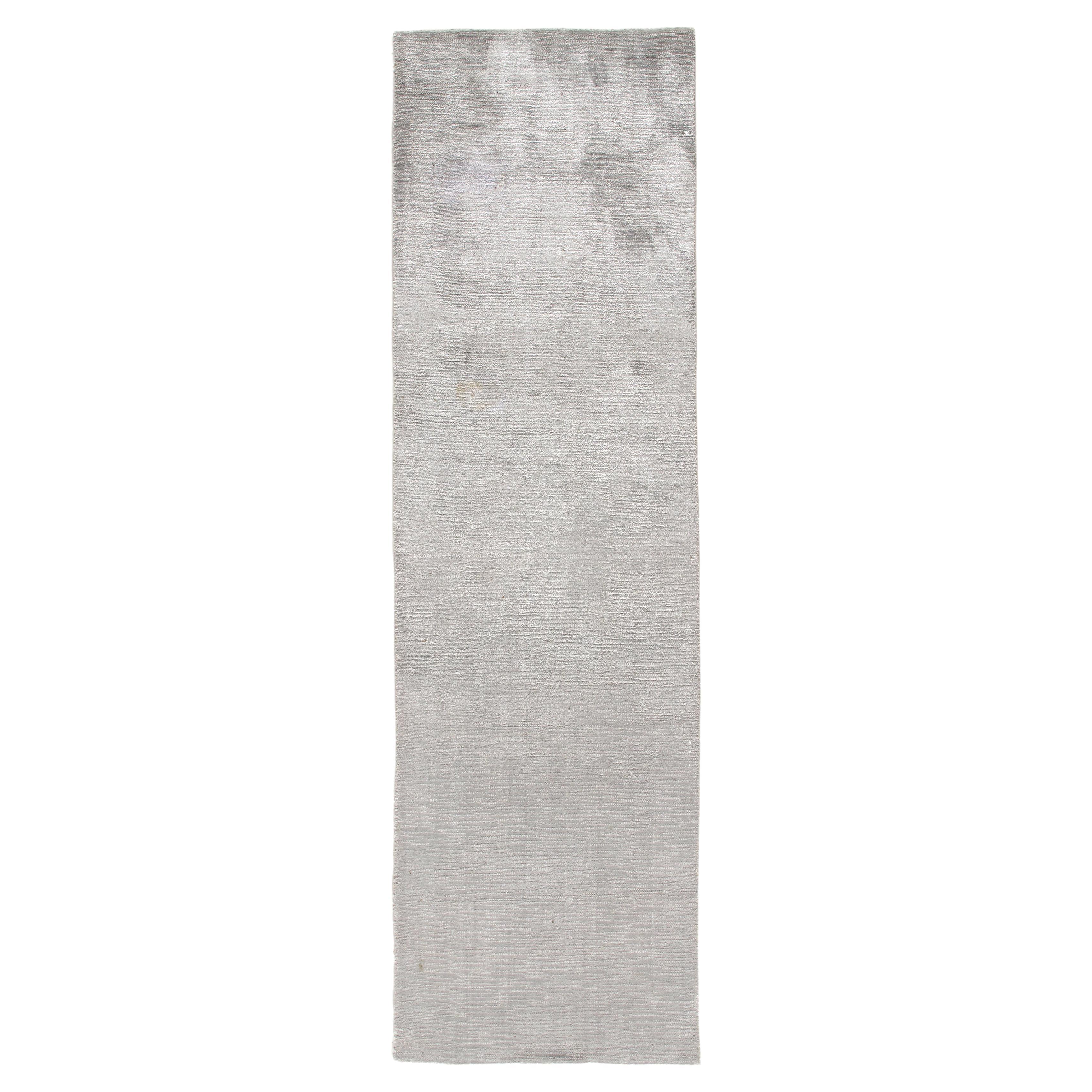 Modern Textural Cut and Loop Bamboo Silk Silver Grey Handknotted Runner Rug in  For Sale