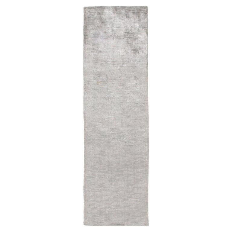 Modern Textural Cut and Loop Bamboo Silk Silver Grey Handknotted Runner Rug in  For Sale