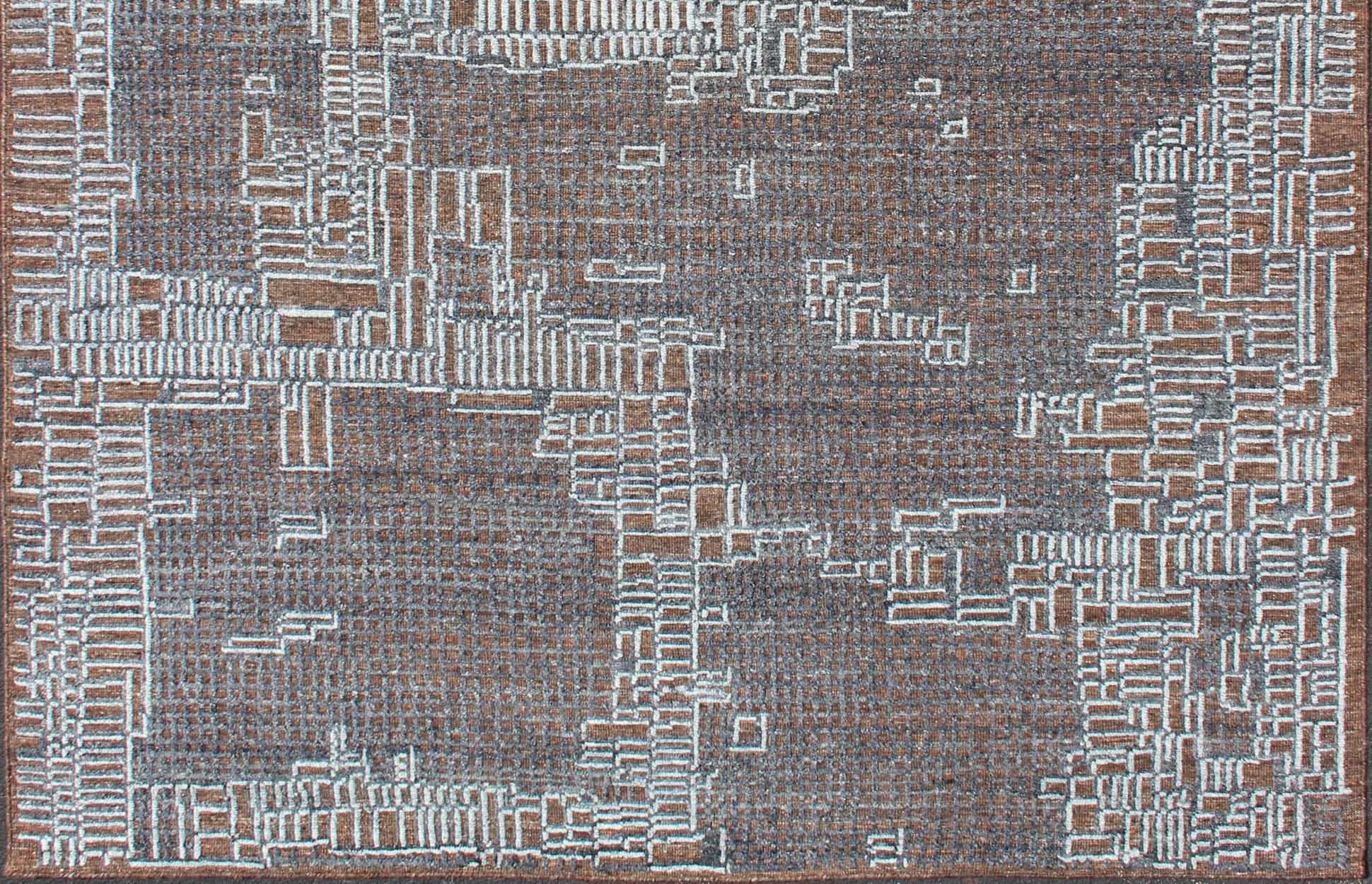 Tappeto moderno con motivo geometrico astratto in marrone e blu 8'1 x 9'11 in vendita 2