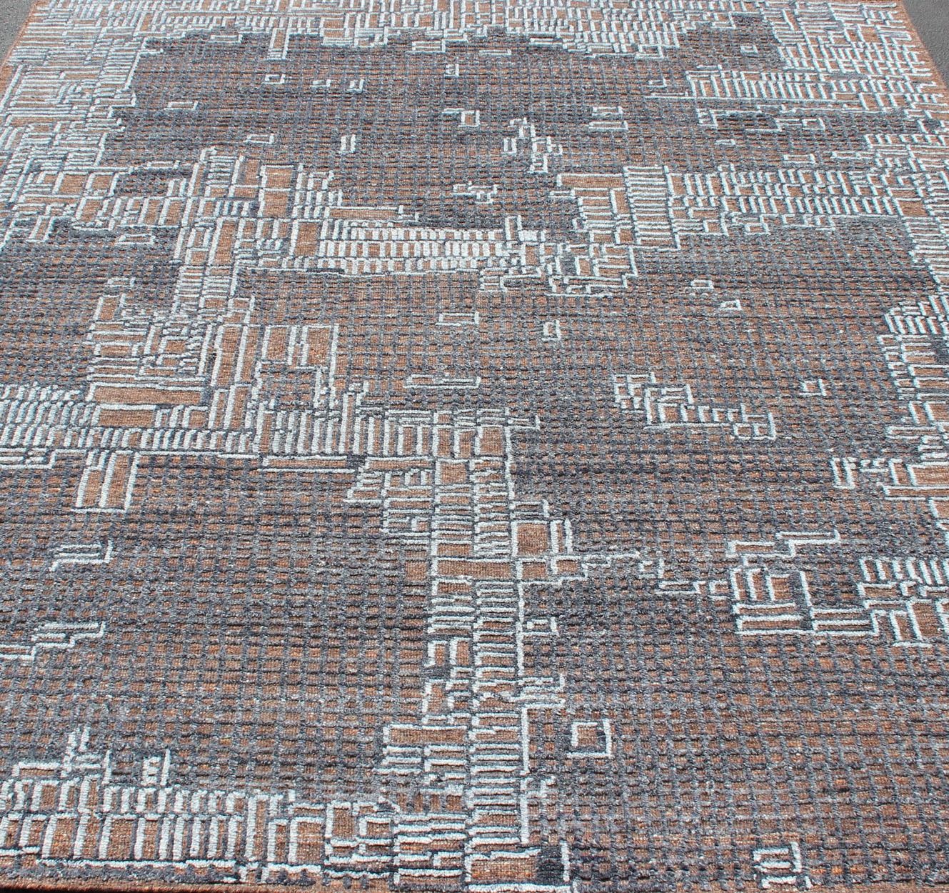 Moderno Tappeto moderno con motivo geometrico astratto in marrone e blu 8'1 x 9'11 in vendita