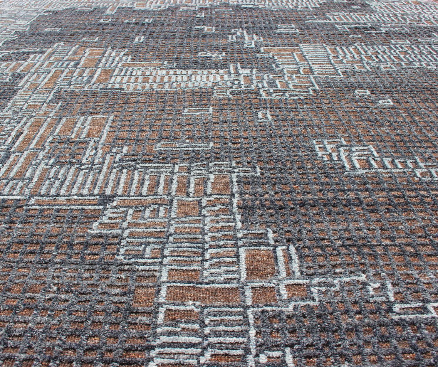 Indiano Tappeto moderno con motivo geometrico astratto in marrone e blu 8'1 x 9'11 in vendita