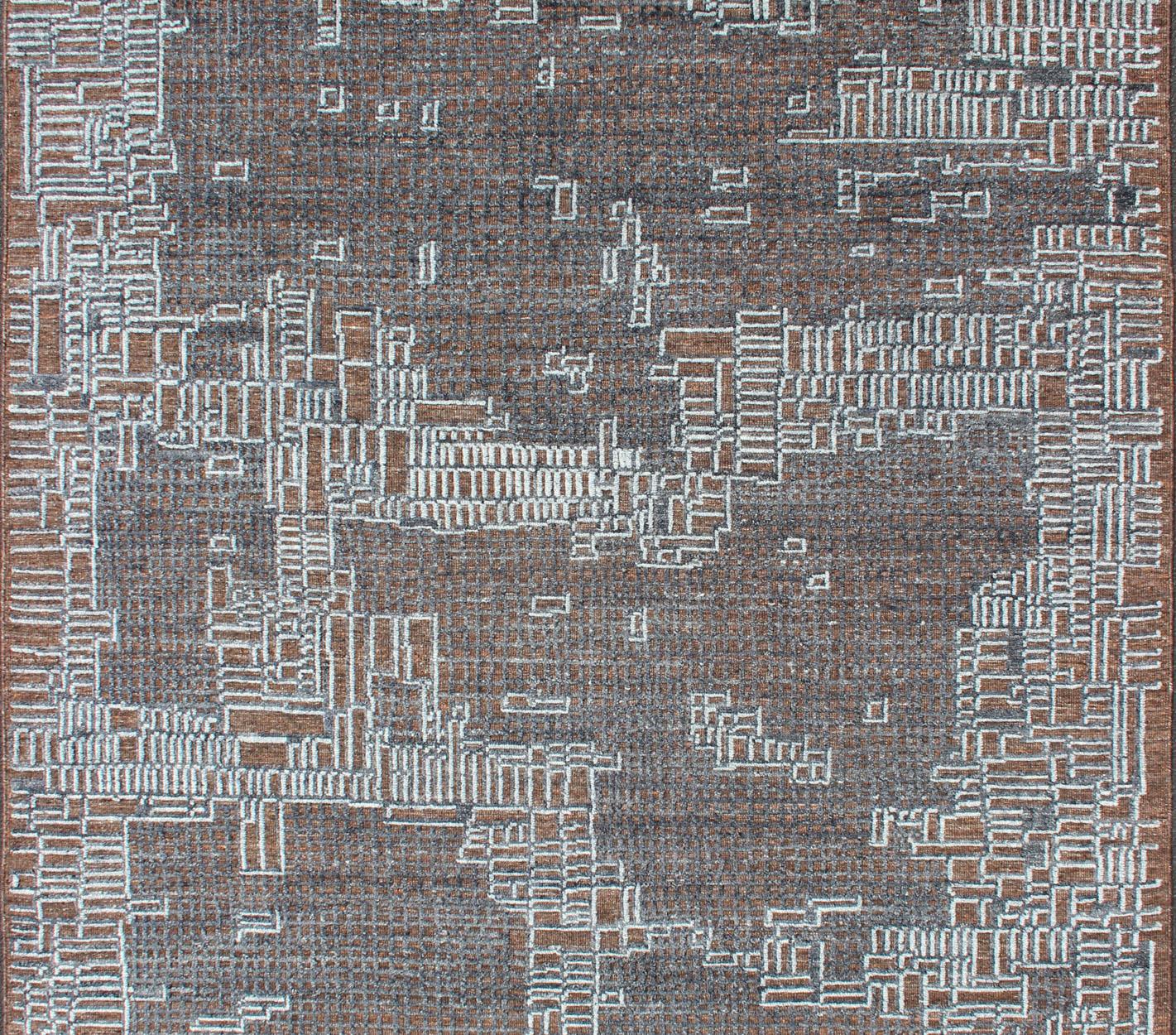 Tappeto moderno con motivo geometrico astratto in marrone e blu 8'1 x 9'11 in vendita 1