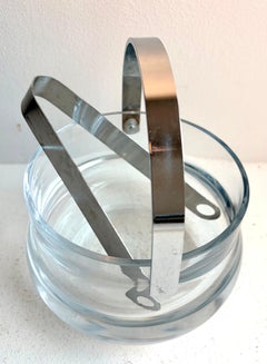 Modern Thick Glass and Chrome Ice Bucket with Handle and Tongs, circa 1980's