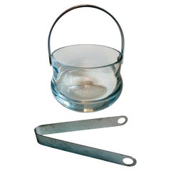 Modern Thick Glass and Chrome Ice Bucket with Handle and Tongs, circa 1980's