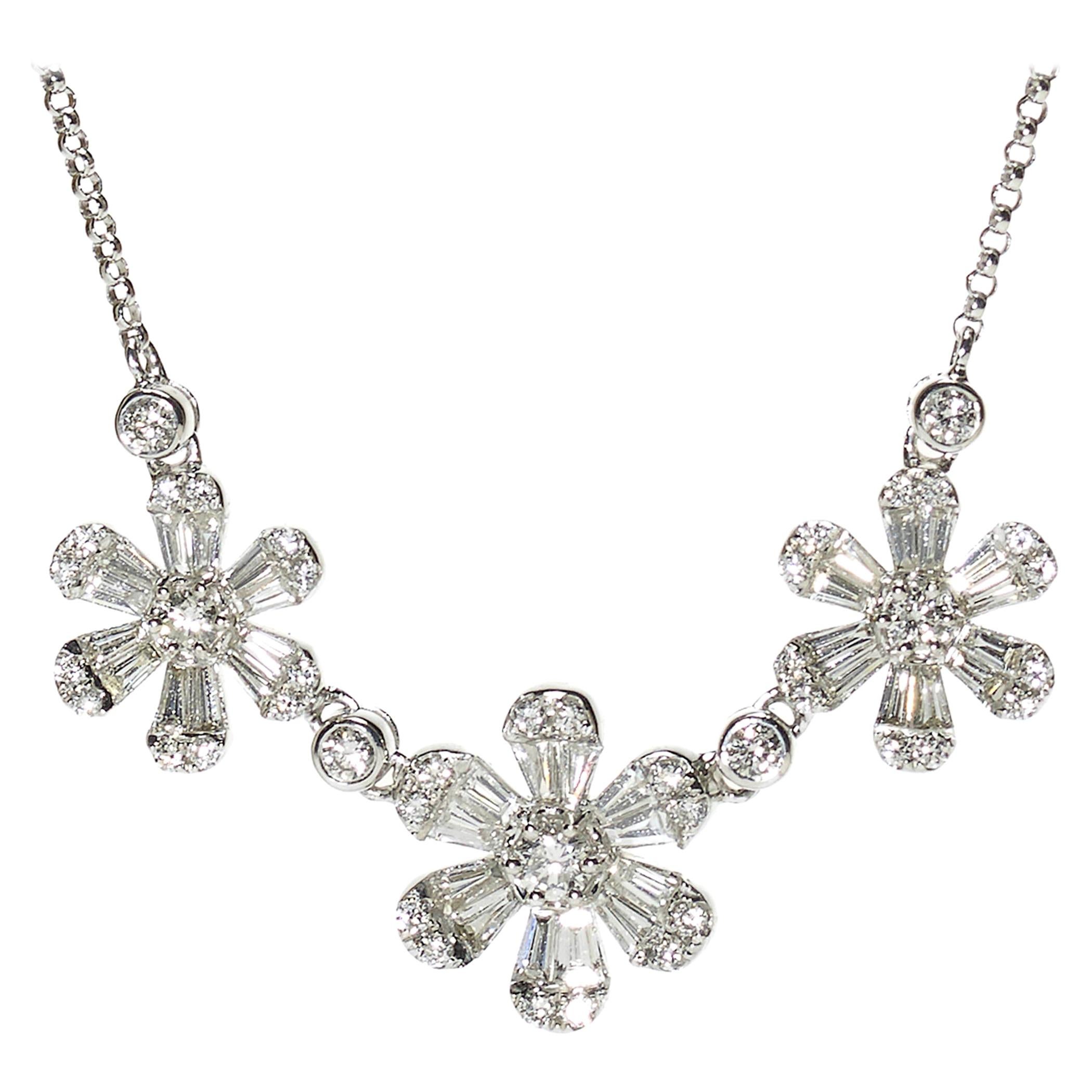 Modern Three Flower Diamond and White Gold Necklace