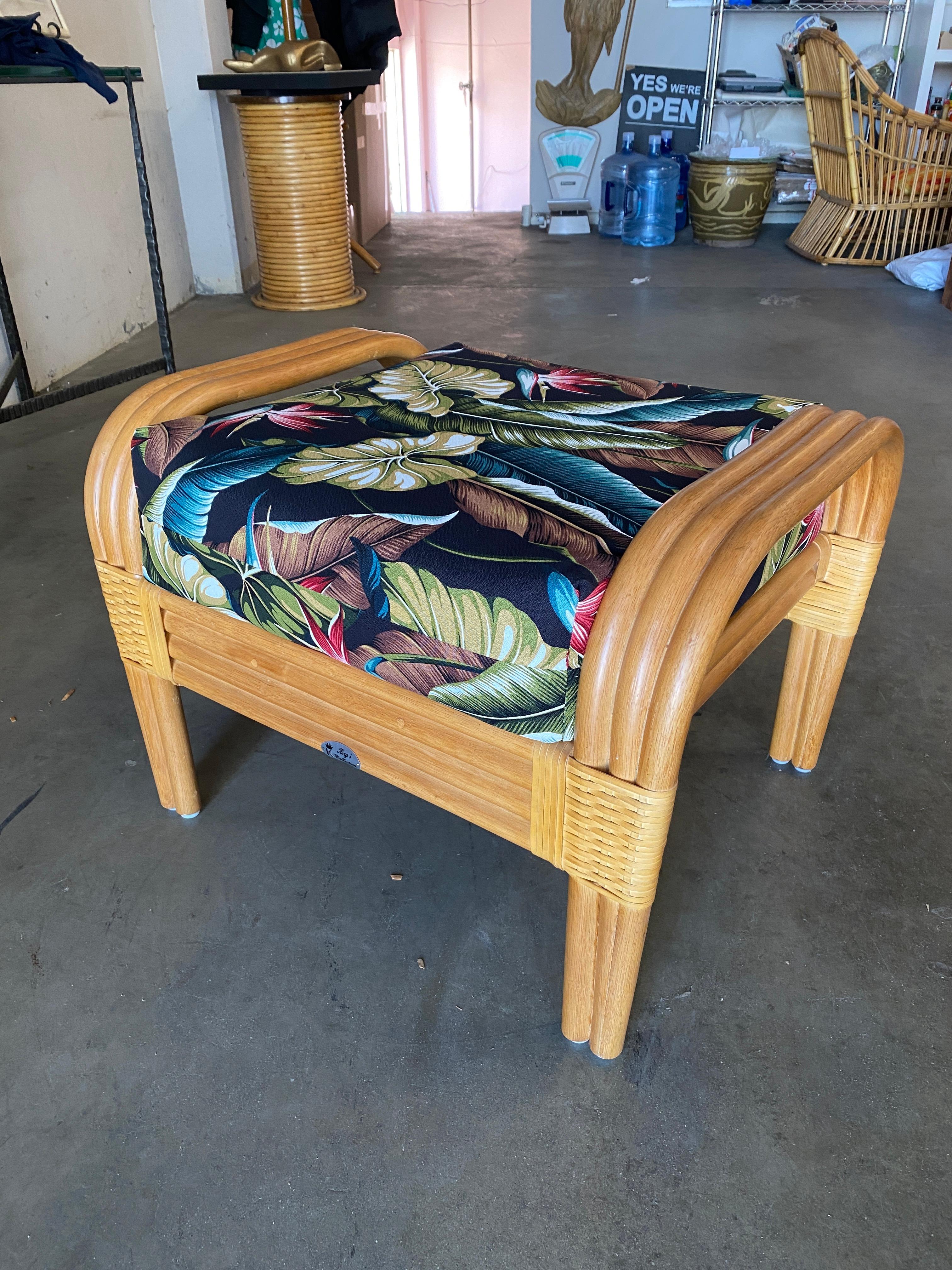 Modern Three-Stand Rattan Staple Side Ottoman Stool with Barkcloth Cushion In Excellent Condition For Sale In Van Nuys, CA
