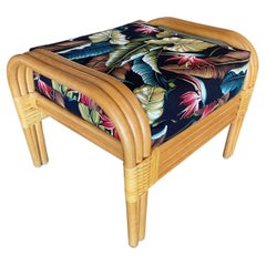 Modern Three-Stand Rattan Staple Side Ottoman Stool with Barkcloth Cushion