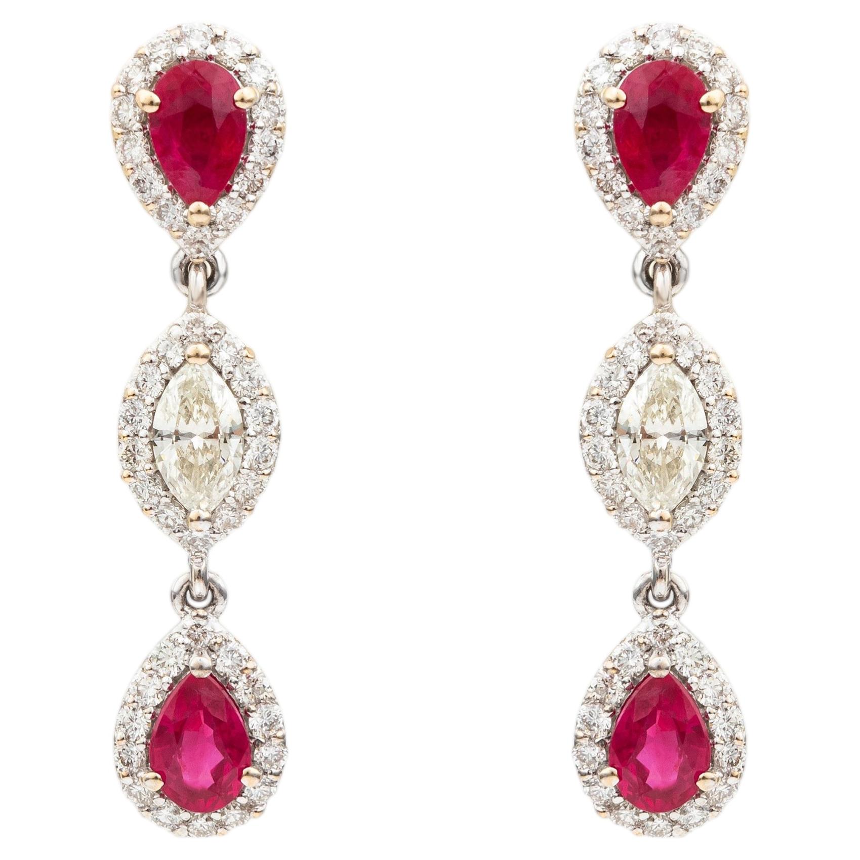 Modern Three Tier Ruby & Diamond Drop Earrings with Halo Set in 18k White Gold