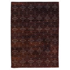 Modern Tibetan Arabesque Style Handmade Burgundy Wool and Silk Rug