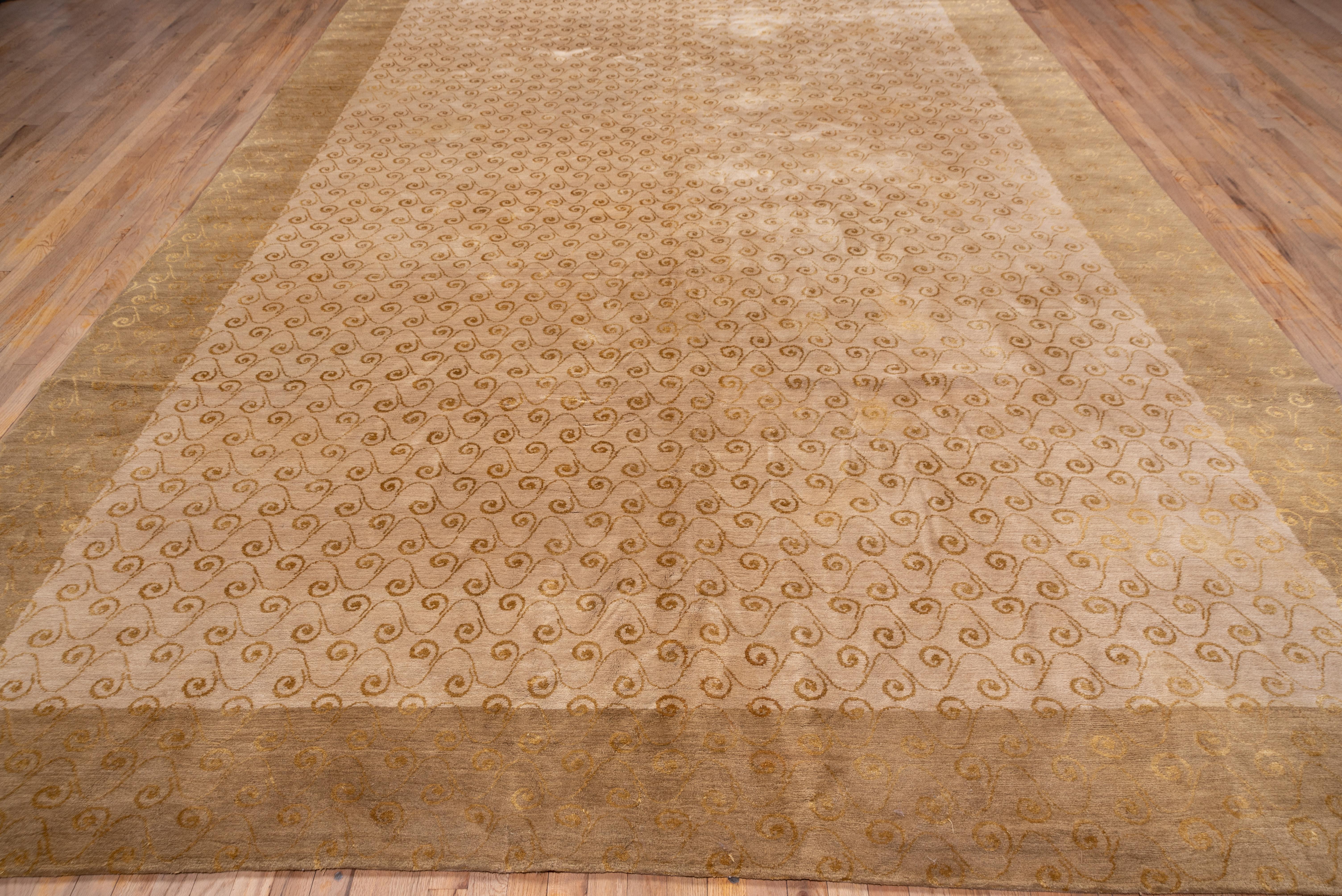 Hand-Knotted Modern Tibetan Carpet with Gold Border, Gold Snail Shell Spiral Allover Field