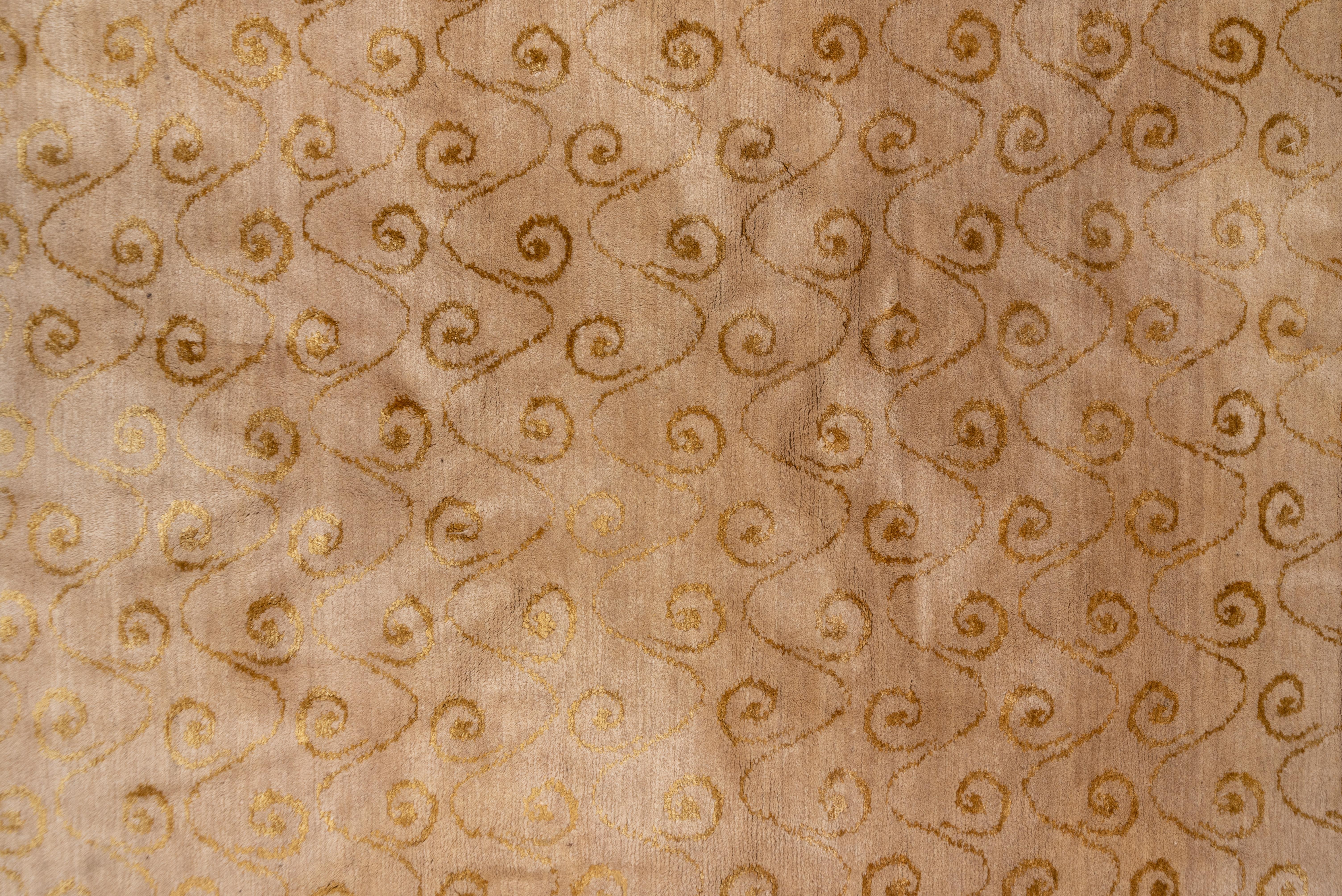 Late 20th Century Modern Tibetan Carpet with Gold Border, Gold Snail Shell Spiral Allover Field
