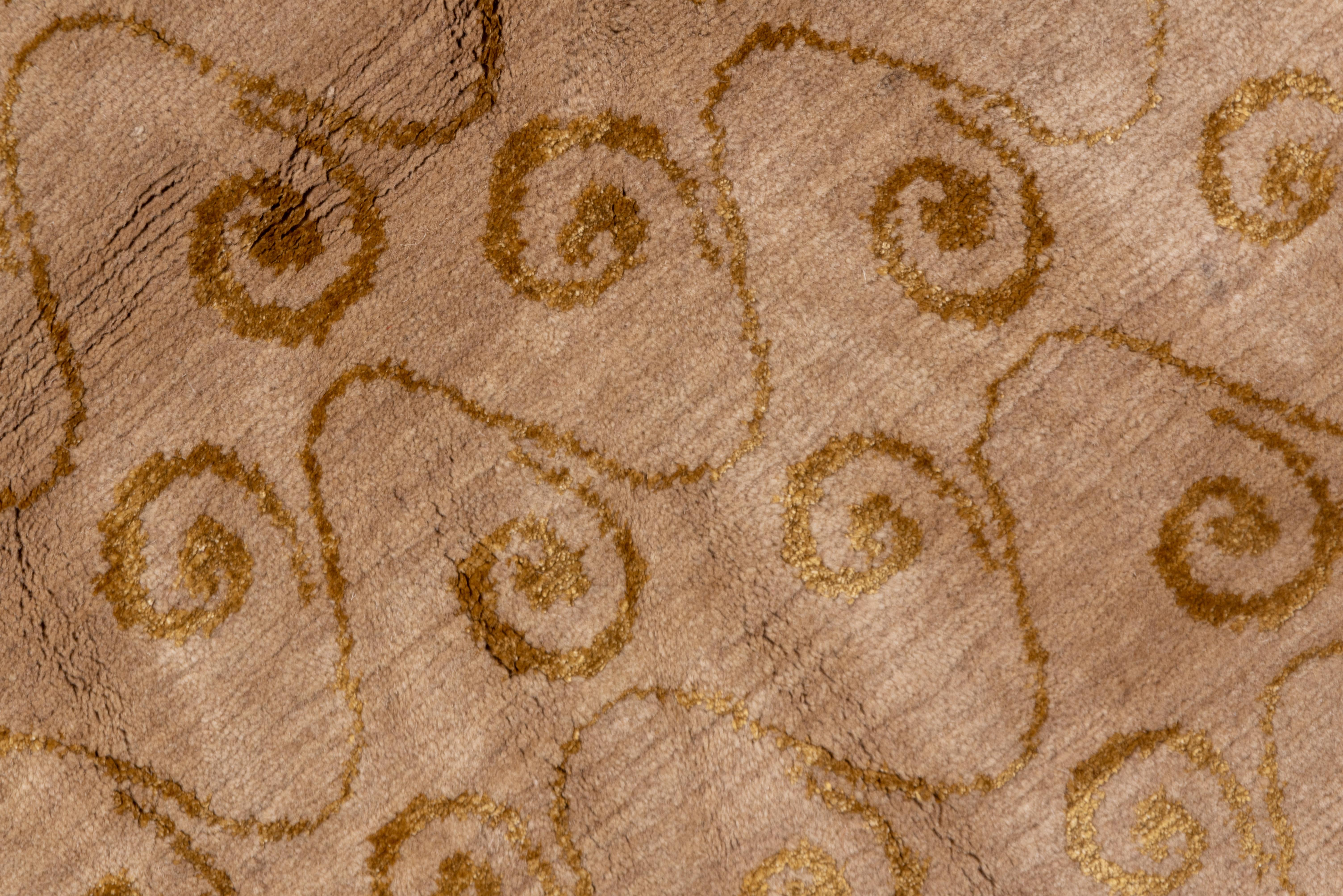 Wool Modern Tibetan Carpet with Gold Border, Gold Snail Shell Spiral Allover Field