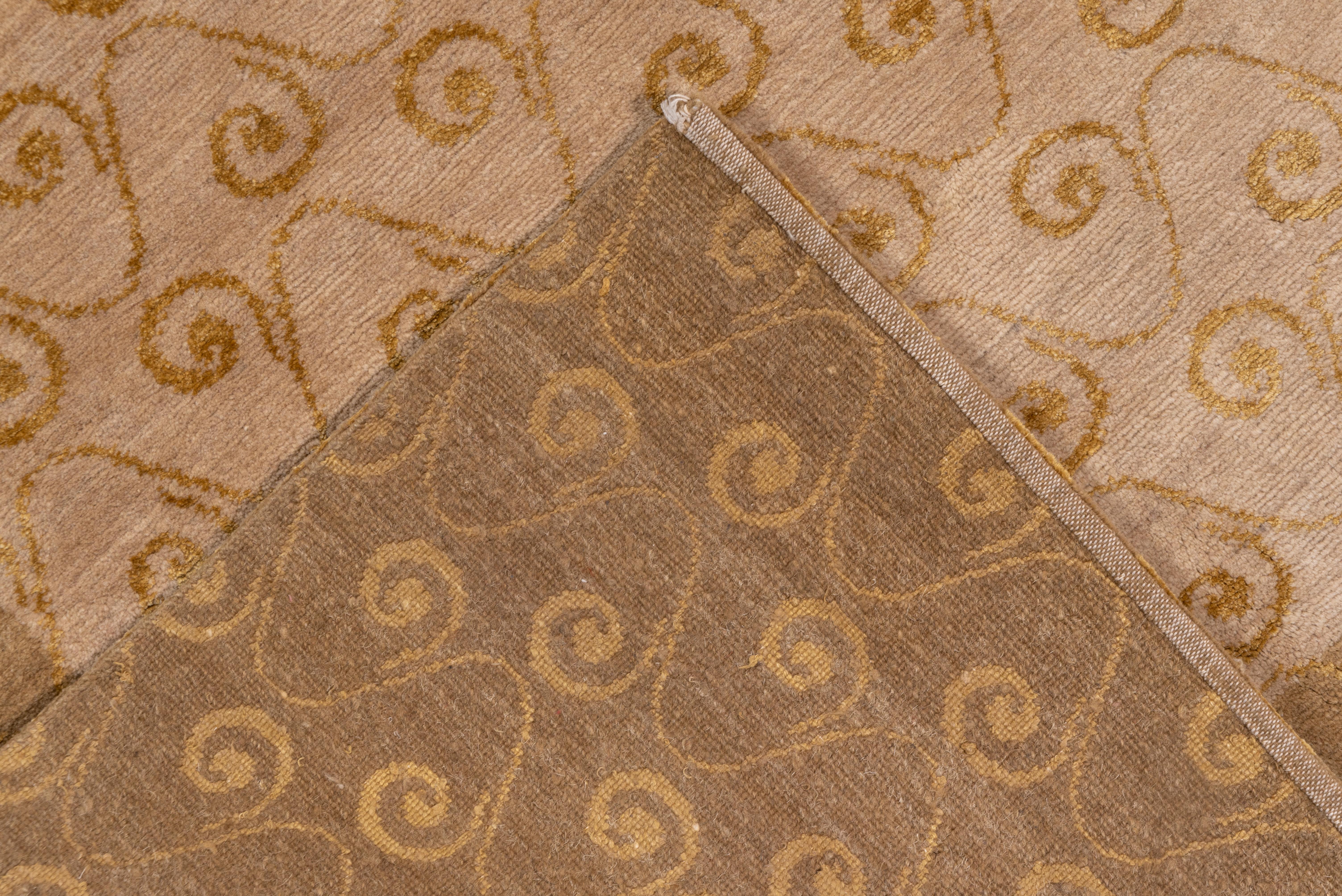 Modern Tibetan Carpet with Gold Border, Gold Snail Shell Spiral Allover Field 1