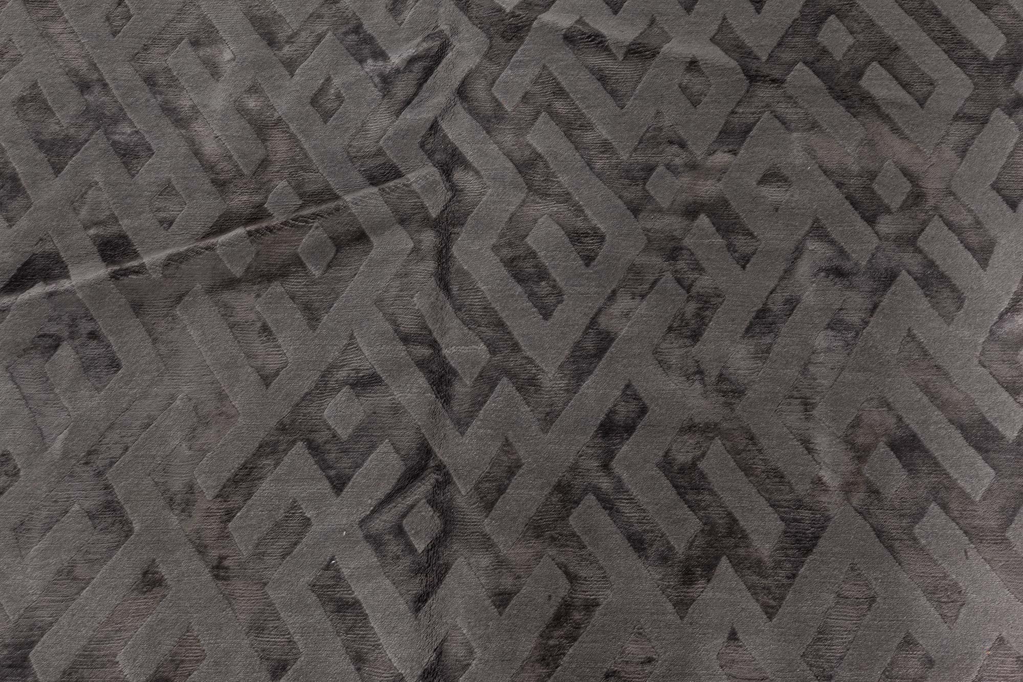 Nepalese Modern Tibetan Geometric Gray Handmade Silk Rug by Doris Leslie Blau For Sale