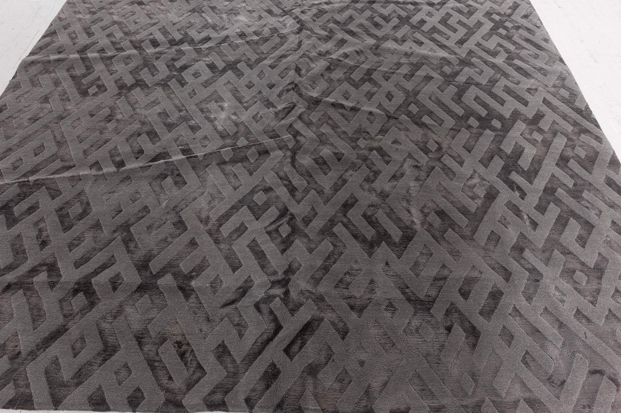 Hand-Knotted Modern Tibetan Geometric Gray Handmade Silk Rug by Doris Leslie Blau For Sale