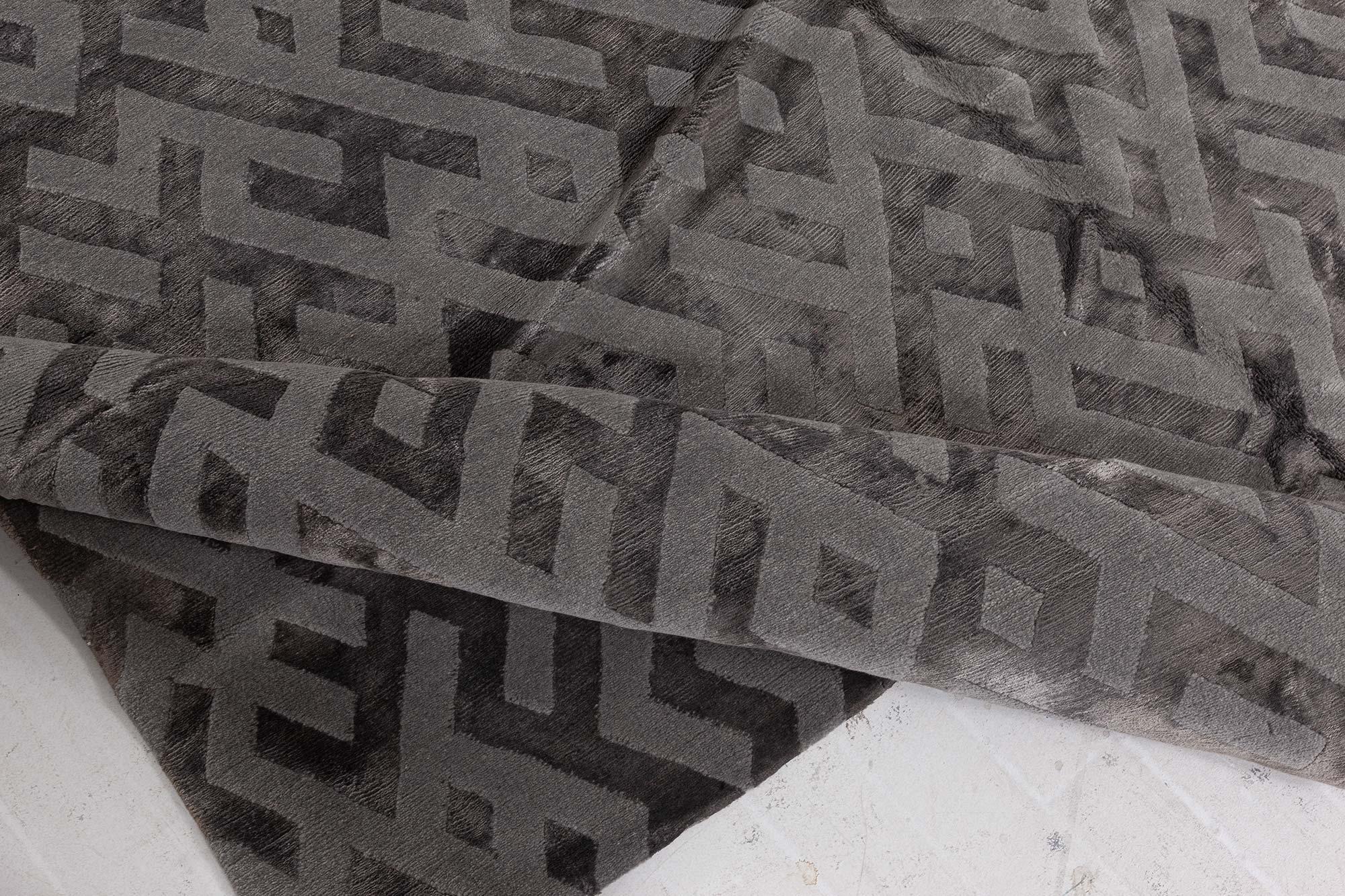 Contemporary Modern Tibetan Geometric Gray Handmade Silk Rug by Doris Leslie Blau For Sale