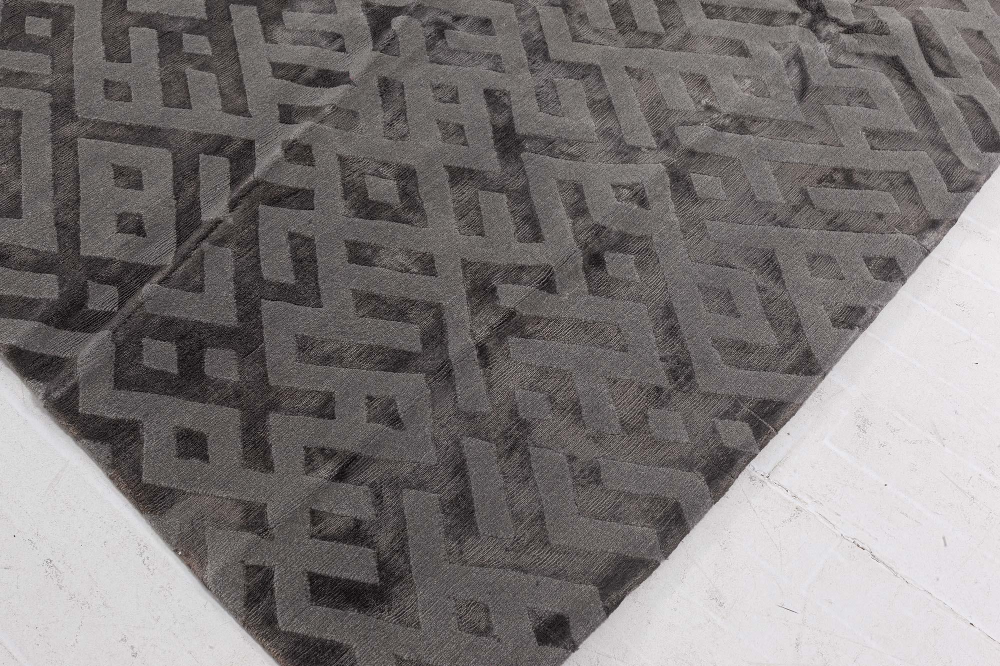 Modern Tibetan Geometric Gray Handmade Silk Rug by Doris Leslie Blau For Sale 2