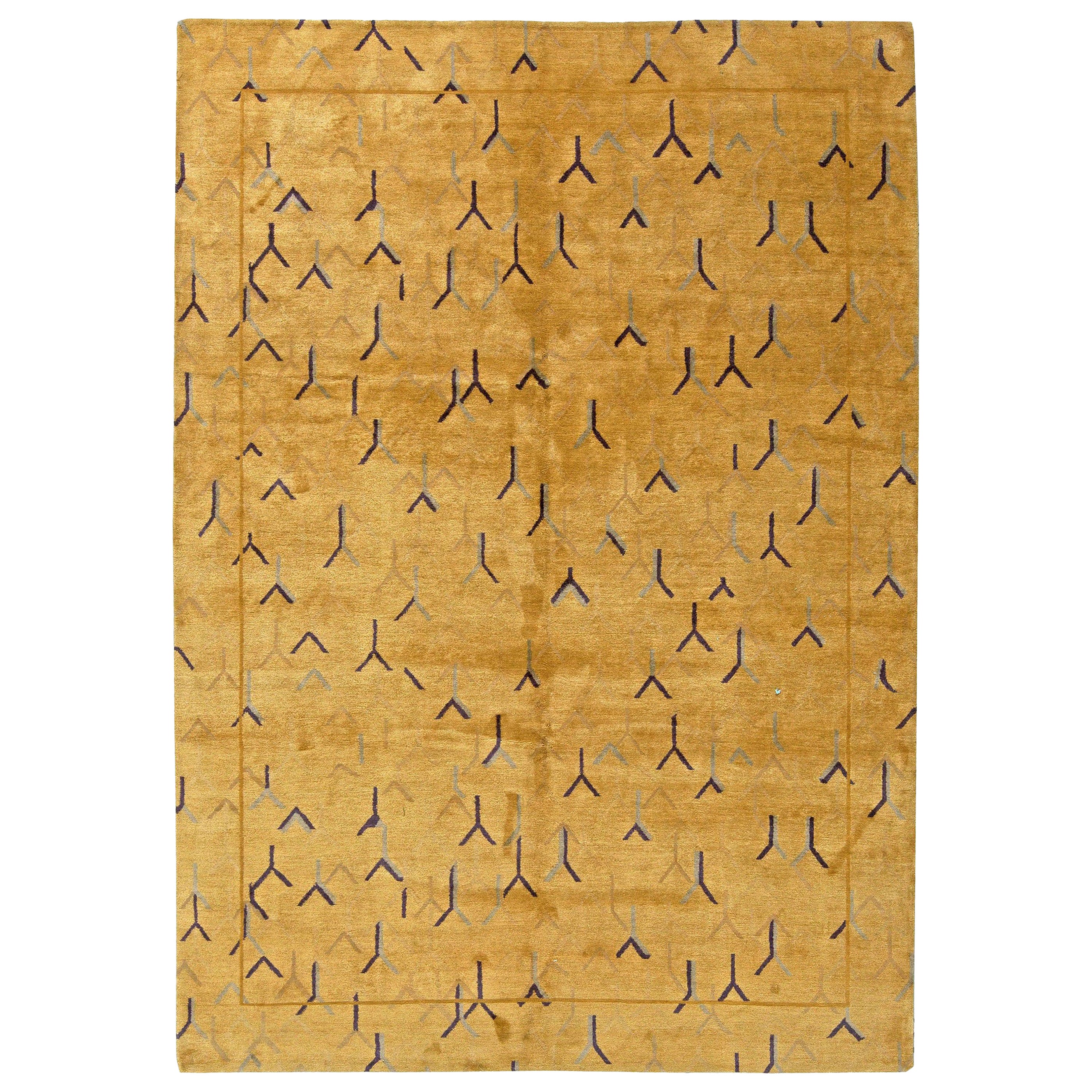 Moderner tibetisch-goldener und gelber handgefertigter Teppich aus Wolle und Seide von Doris Leslie Blau