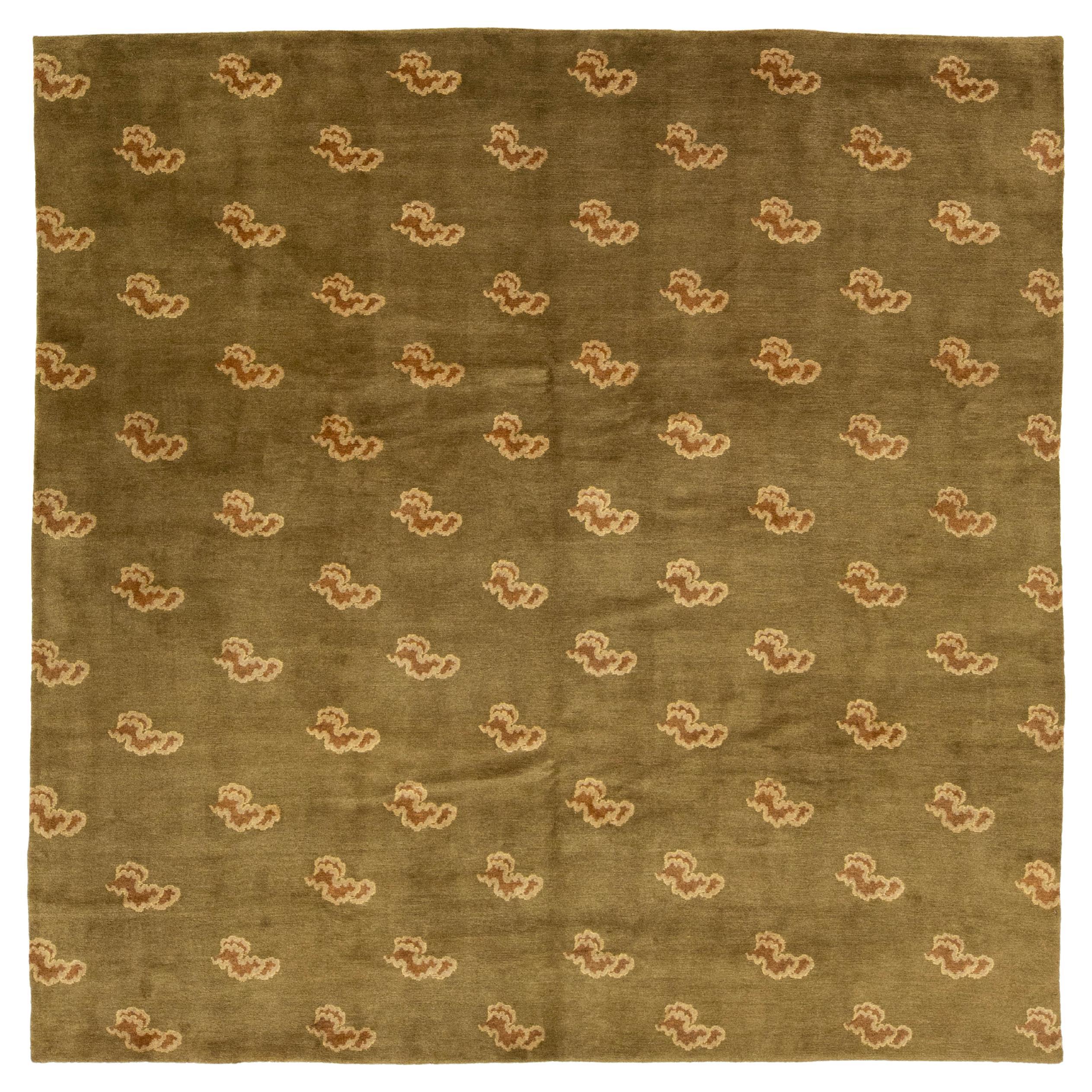 Tapis tibétain moderne de couleur verte, en laine et soie, avec un design Art Deco