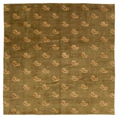 Modern Tibetan Green Rug Made From Wool and Silk Featuring an Art Deco Design