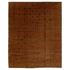 Modern Tibetan Hand-Knotted Wool and Silk Geometric Grid Rug in Burnt Orange