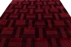 Alfombra tibetana moderna de lana y seda anudada a mano con diseño de cestería burdeos