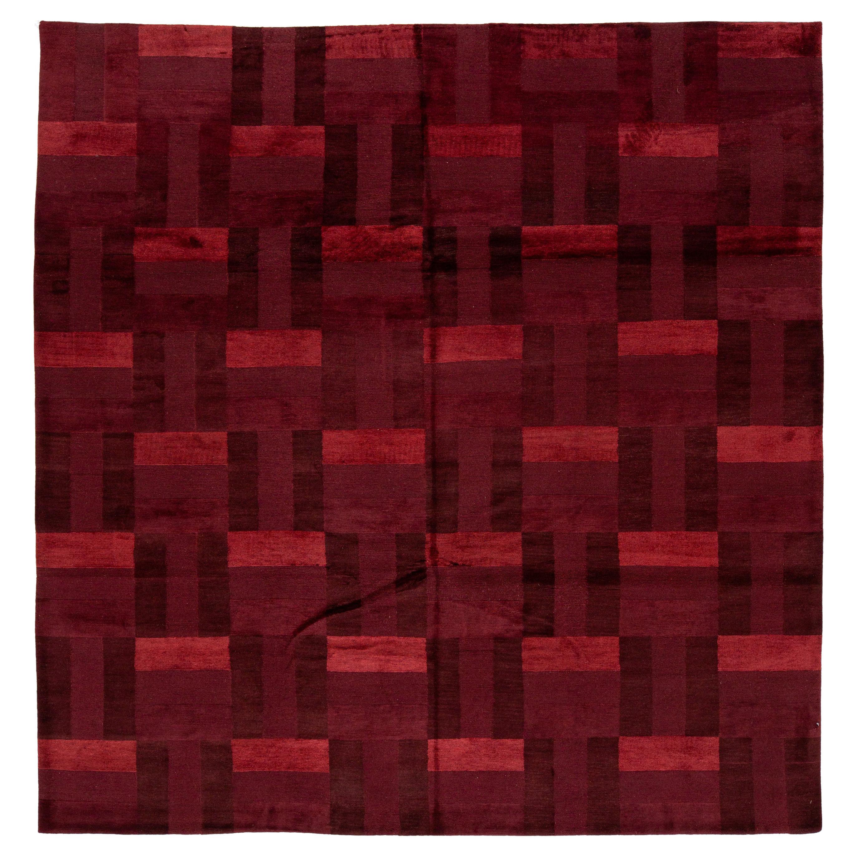 Modern Tibetan Hand-Knotted Wool and Silk Rug in Burgundy Basketweave Pattern