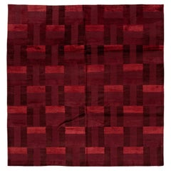 Modern Tibetan Hand-Knotted Wool and Silk Rug in Burgundy Basketweave Pattern