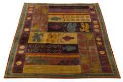 Modern Tibetan Hand-Knotted Wool and Silk Rug with Botanical and Geometric Motif