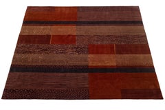 Modern Tibetan Hand-Knotted Wool & Silk Rug with Patchwork Design In red Tones