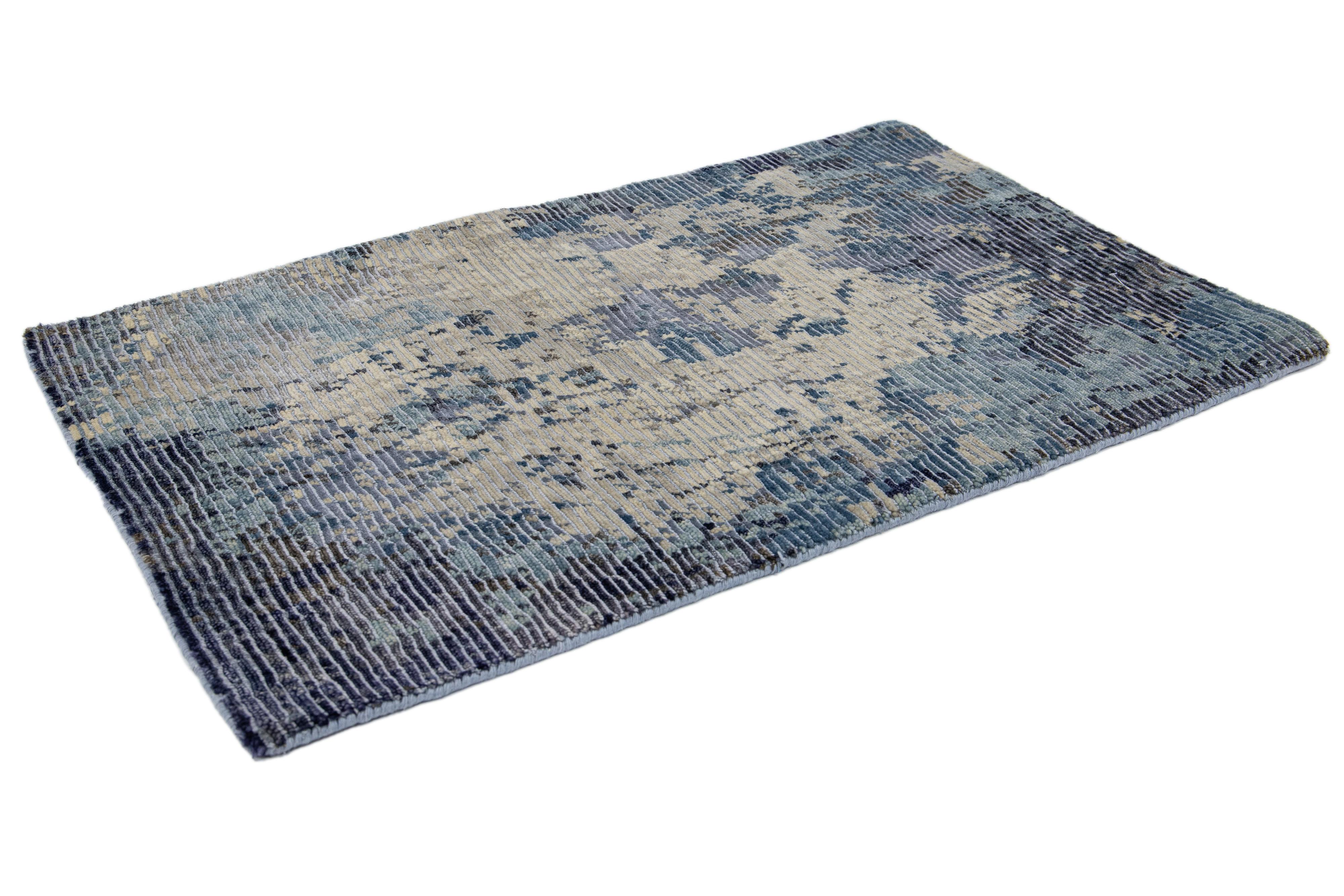 Indien Tapis tibétain moderne bleu fait à la main en vente