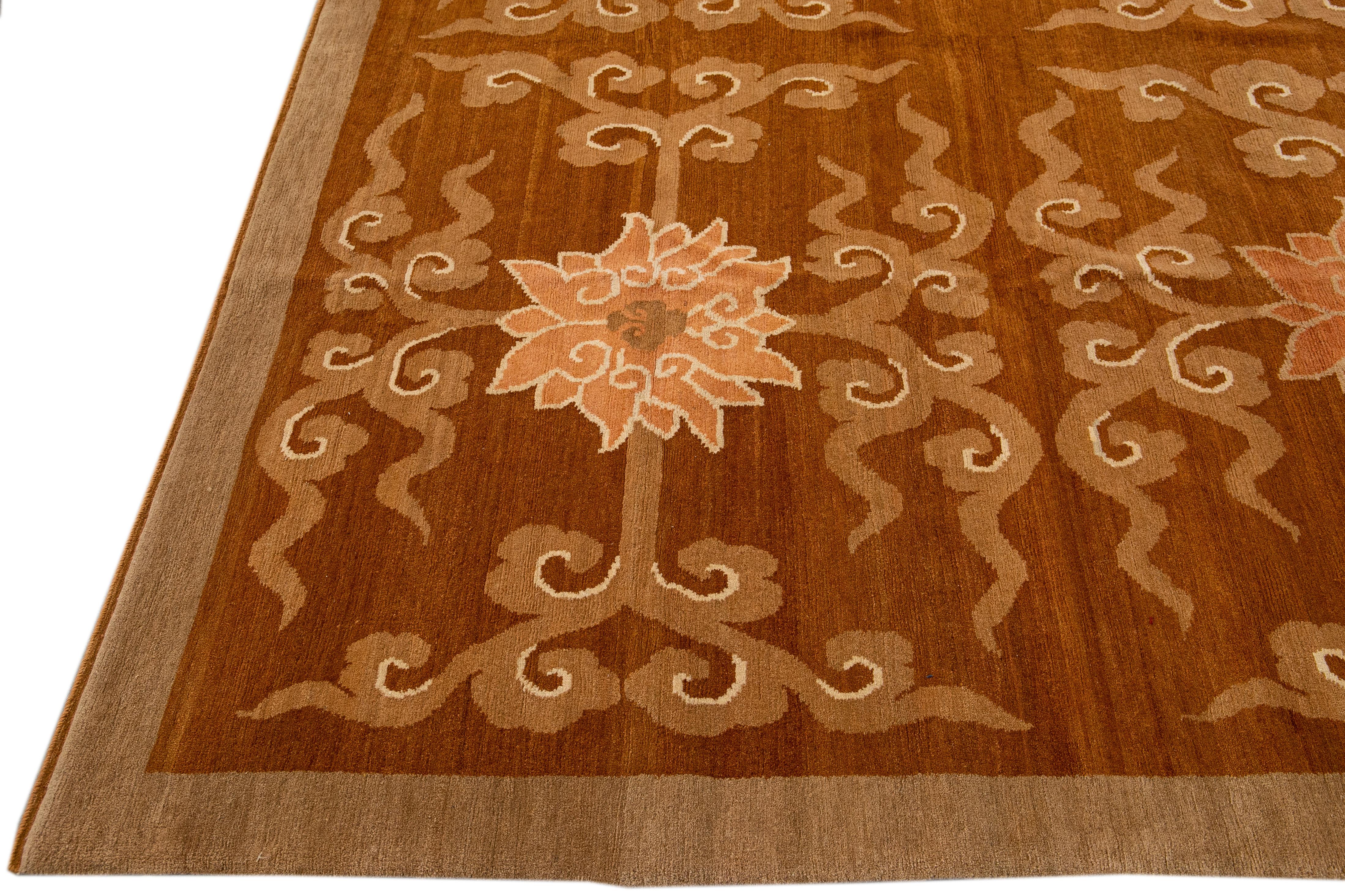 Hand-Knotted Modern Tibetan Handmade Lotus Flower Pattern Brown Wool and Silk Rug For Sale