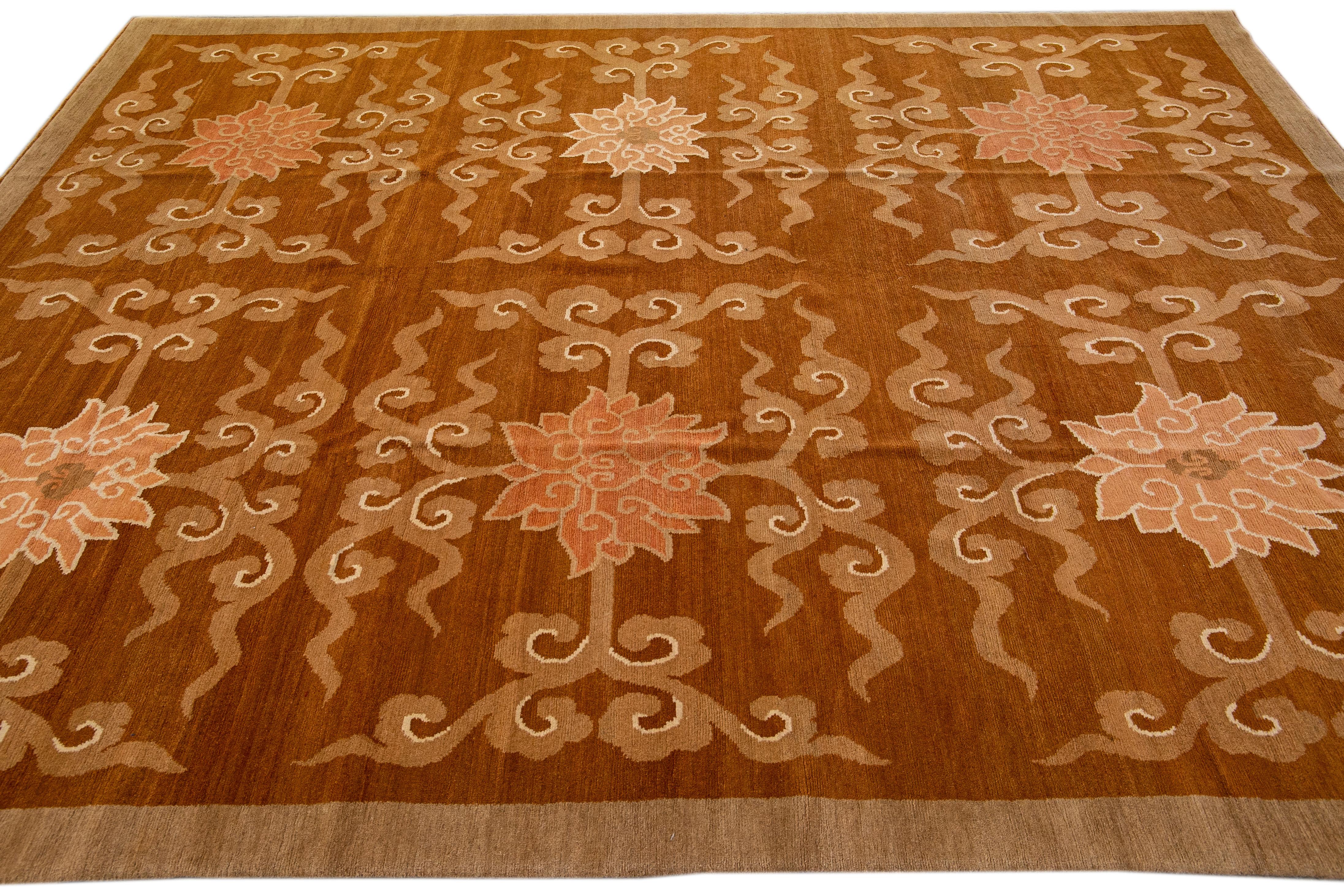 Contemporary Modern Tibetan Handmade Lotus Flower Pattern Brown Wool and Silk Rug For Sale