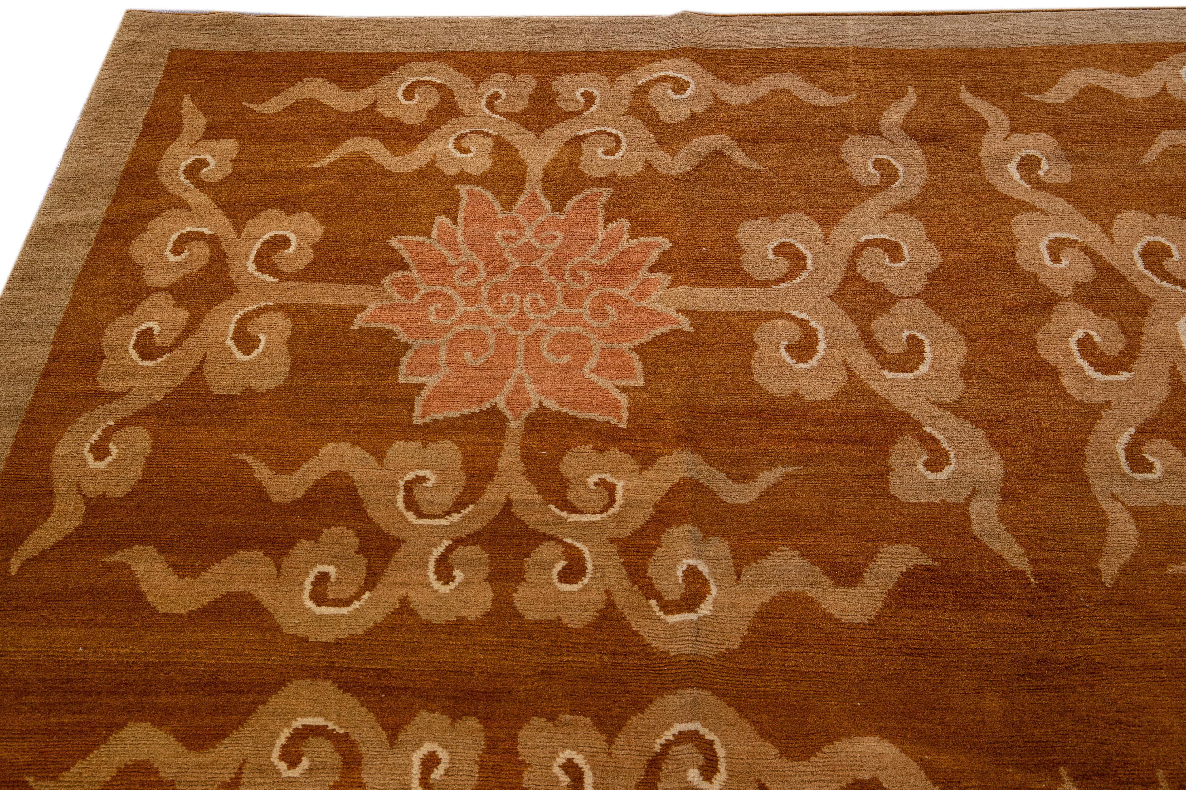 Modern Tibetan Handmade Lotus Flower Pattern Brown Wool and Silk Rug For Sale 1