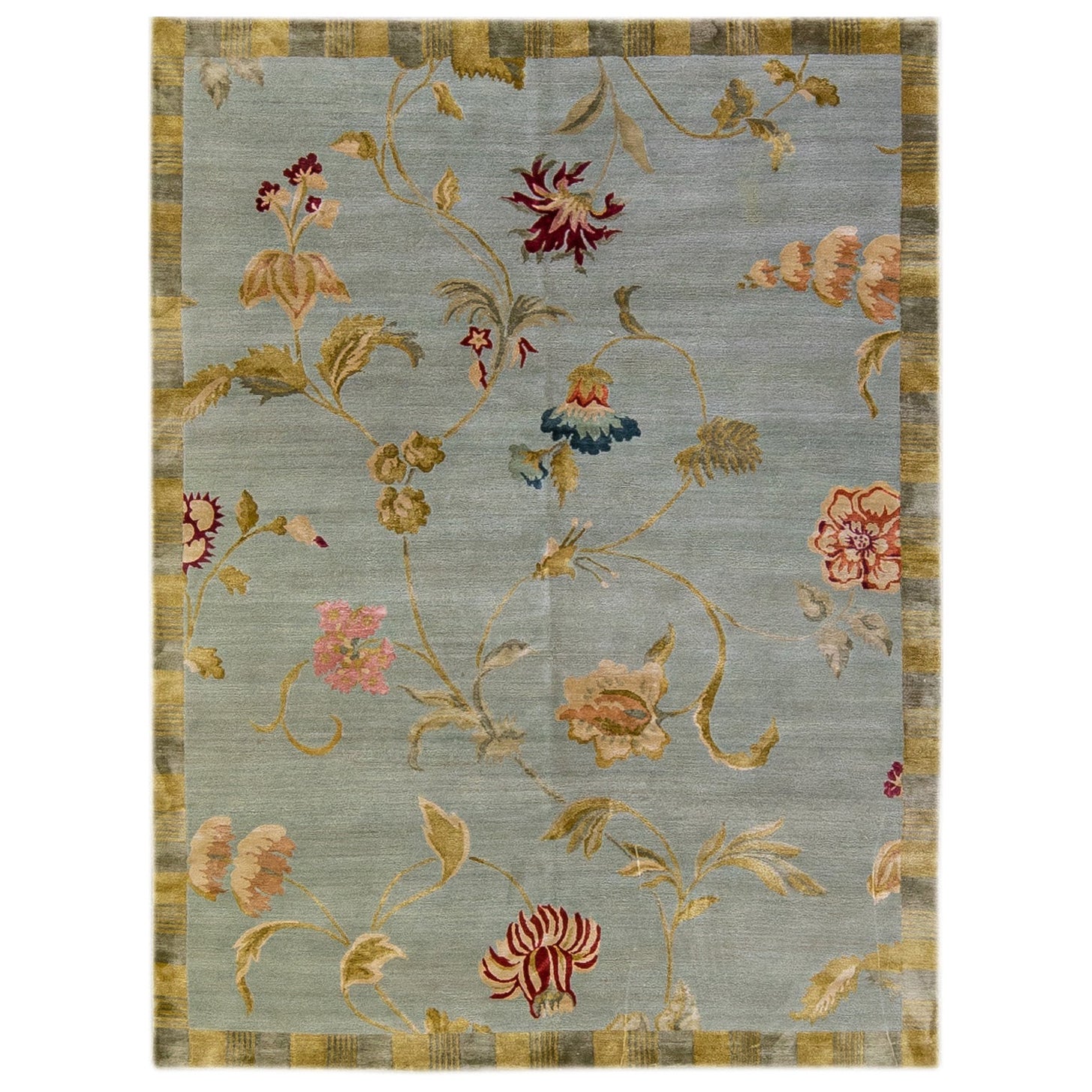 Tapis tibétaine moderne fait à la main Lyndhurst en laine et soie grise à motif floral