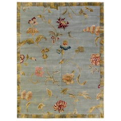 Modern Tibetan Handmade Lyndhurst Floral Pattern Gray Wool and Silk Rug