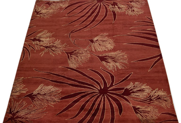 Modern Tibetan Handmade Maroon Wool and Silk Rug with Floral Design For ...