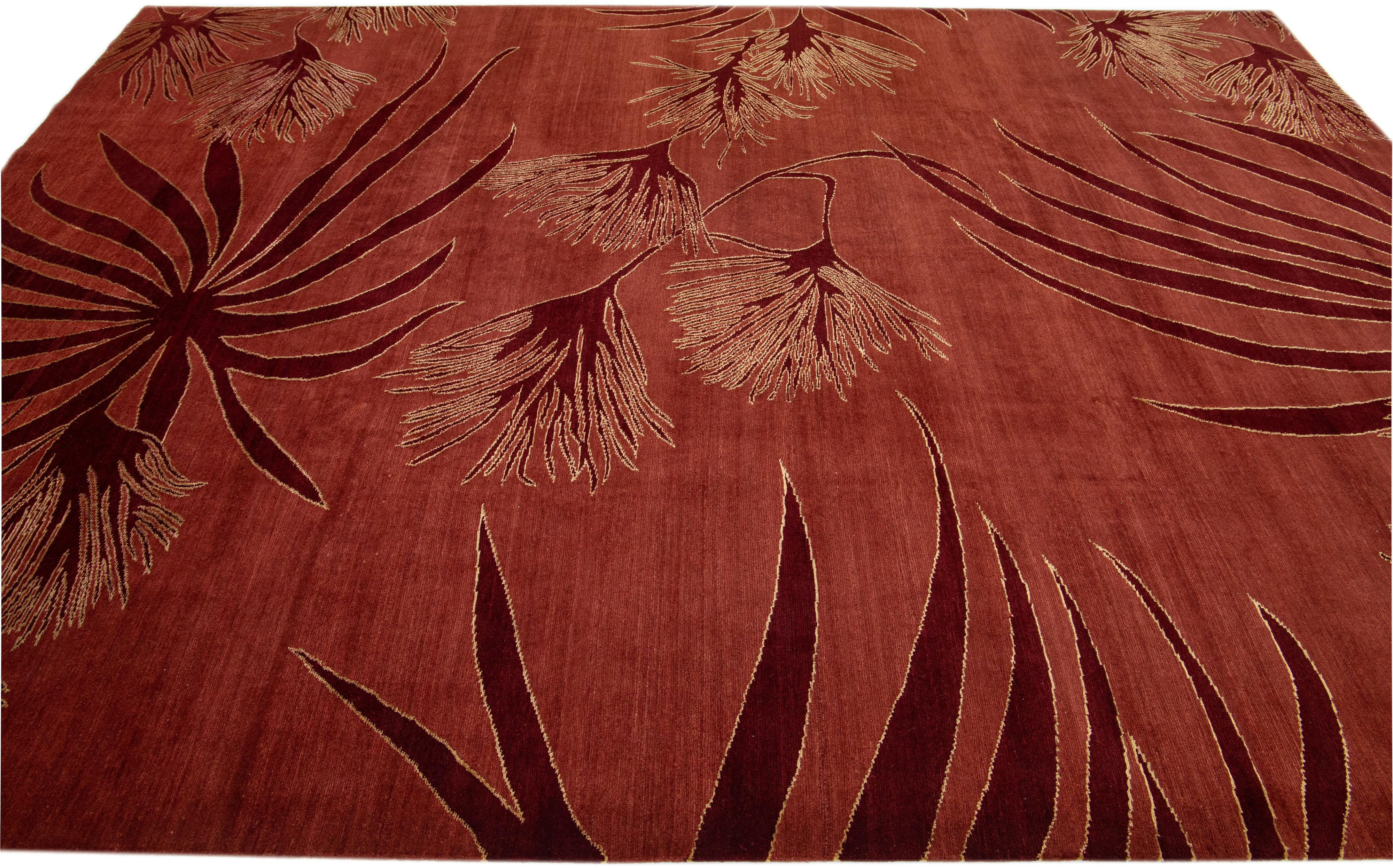Modern Tibetan Handmade Maroon Wool and Silk Rug with Floral Design In New Condition For Sale In Norwalk, CT