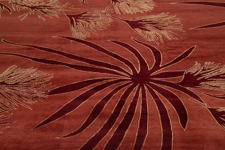 Modern Tibetan Handmade Maroon Wool and Silk Rug with Floral Design For ...