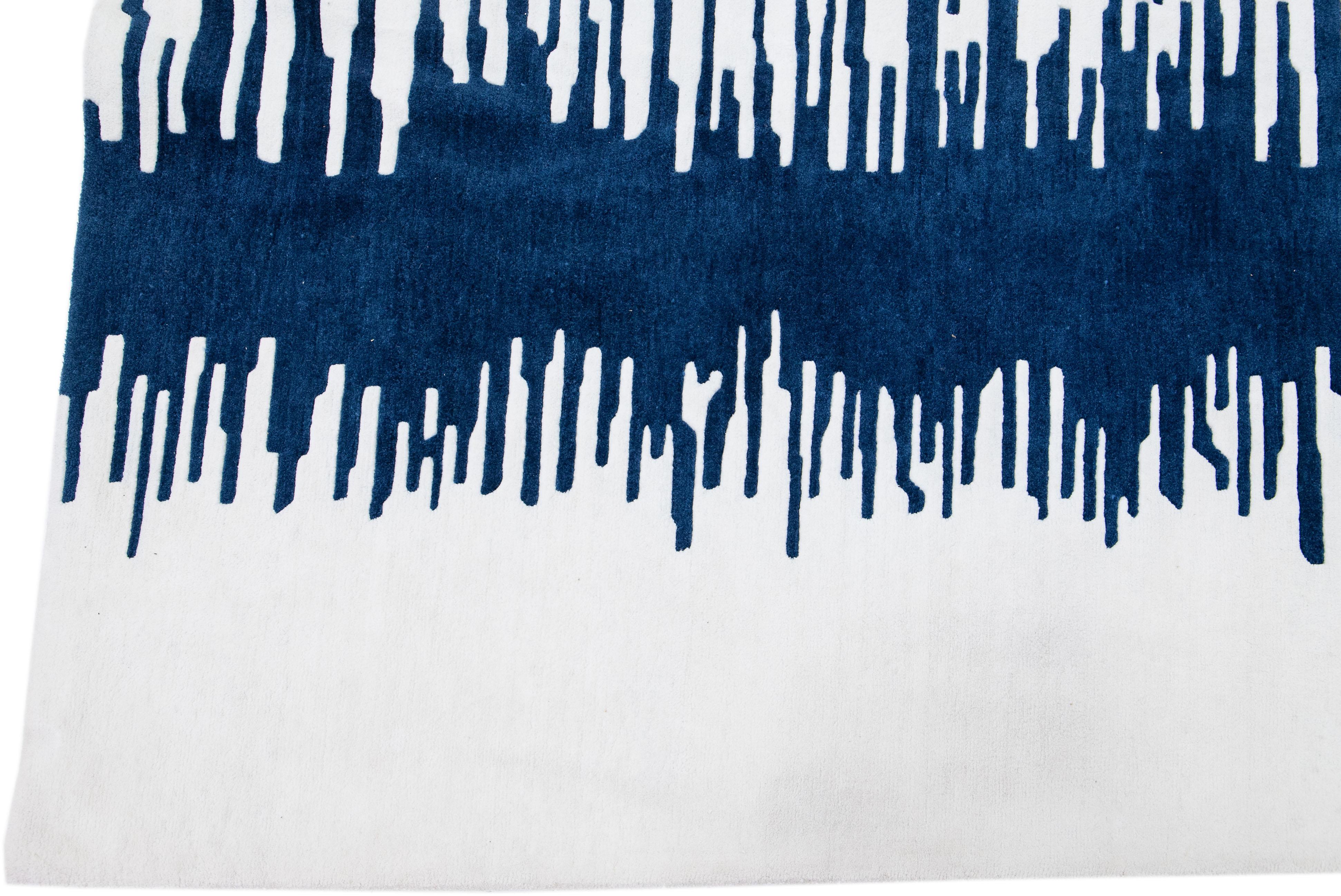 Hand-Knotted Modern Tibetan Handmade White & Blue Abstract Wool Rug For Sale