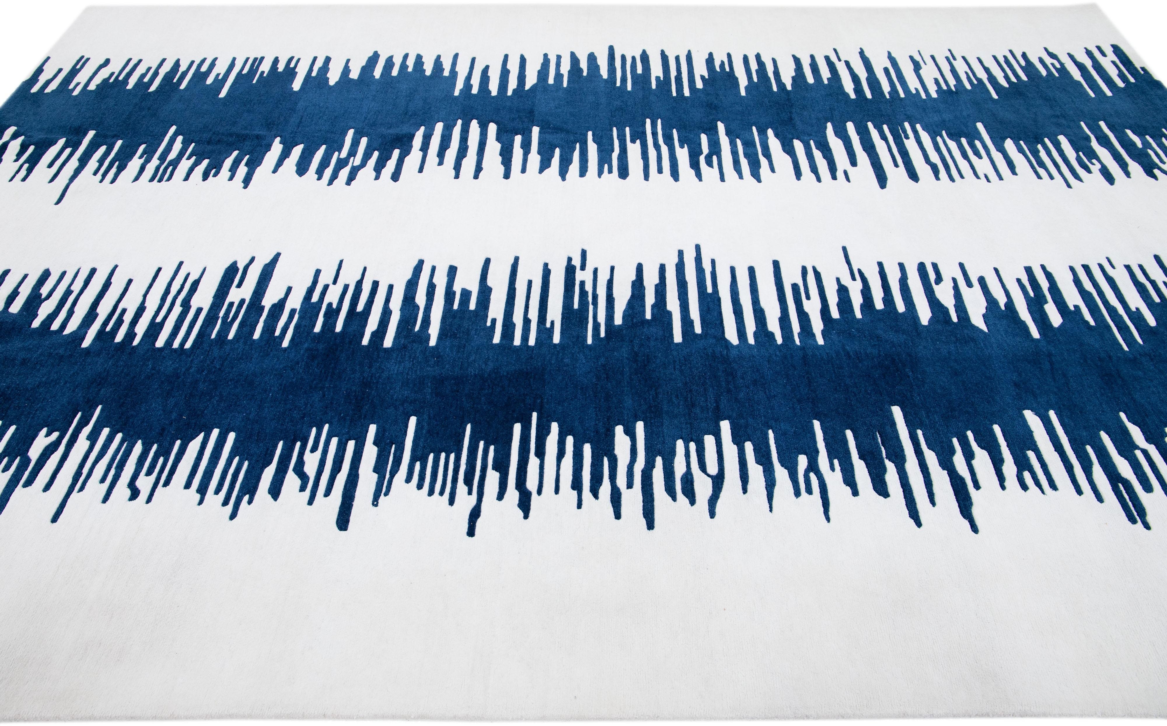 Contemporary Modern Tibetan Handmade White & Blue Abstract Wool Rug For Sale