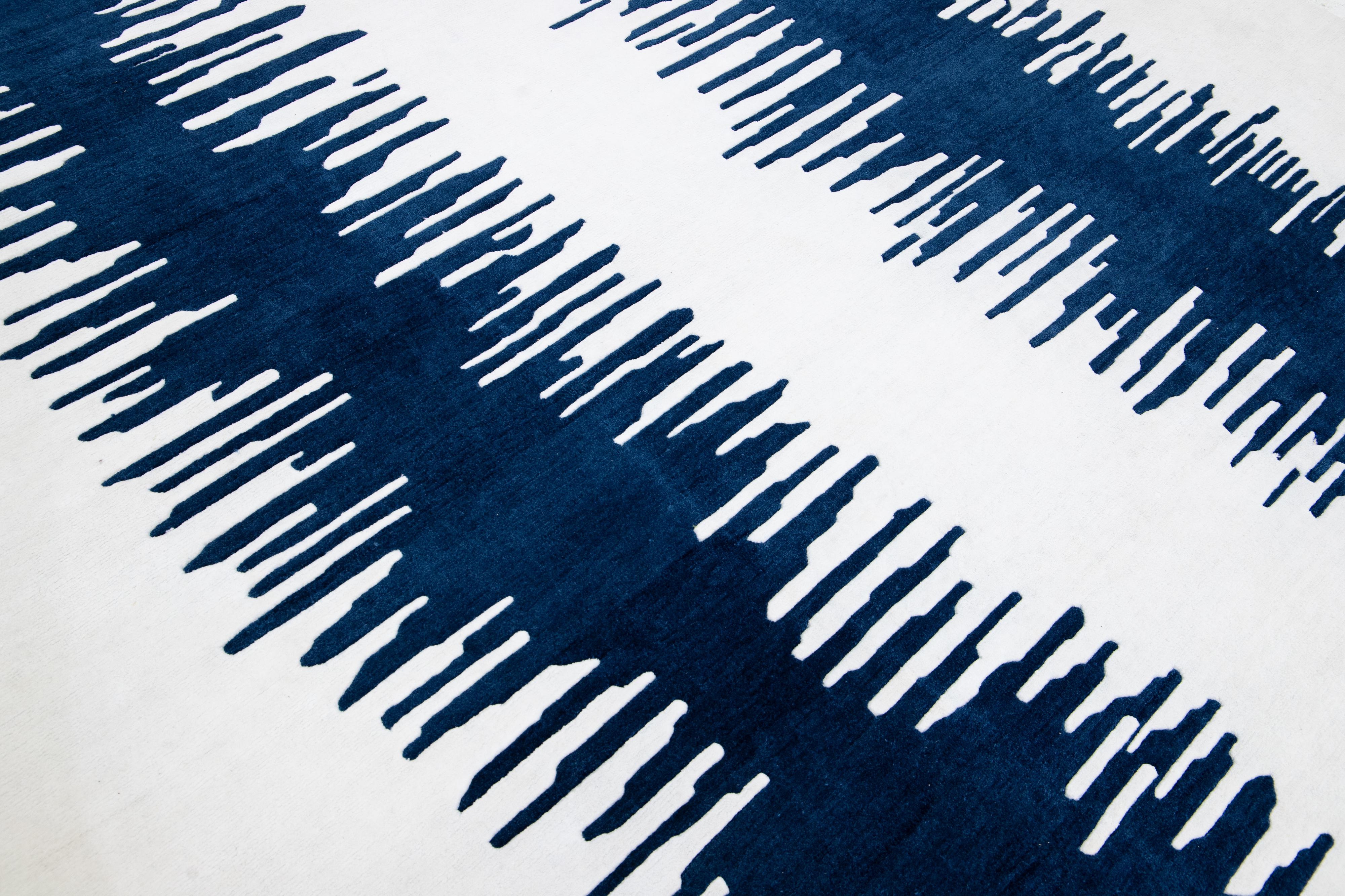 Modern Tibetan Handmade White & Blue Abstract Wool Rug For Sale 1